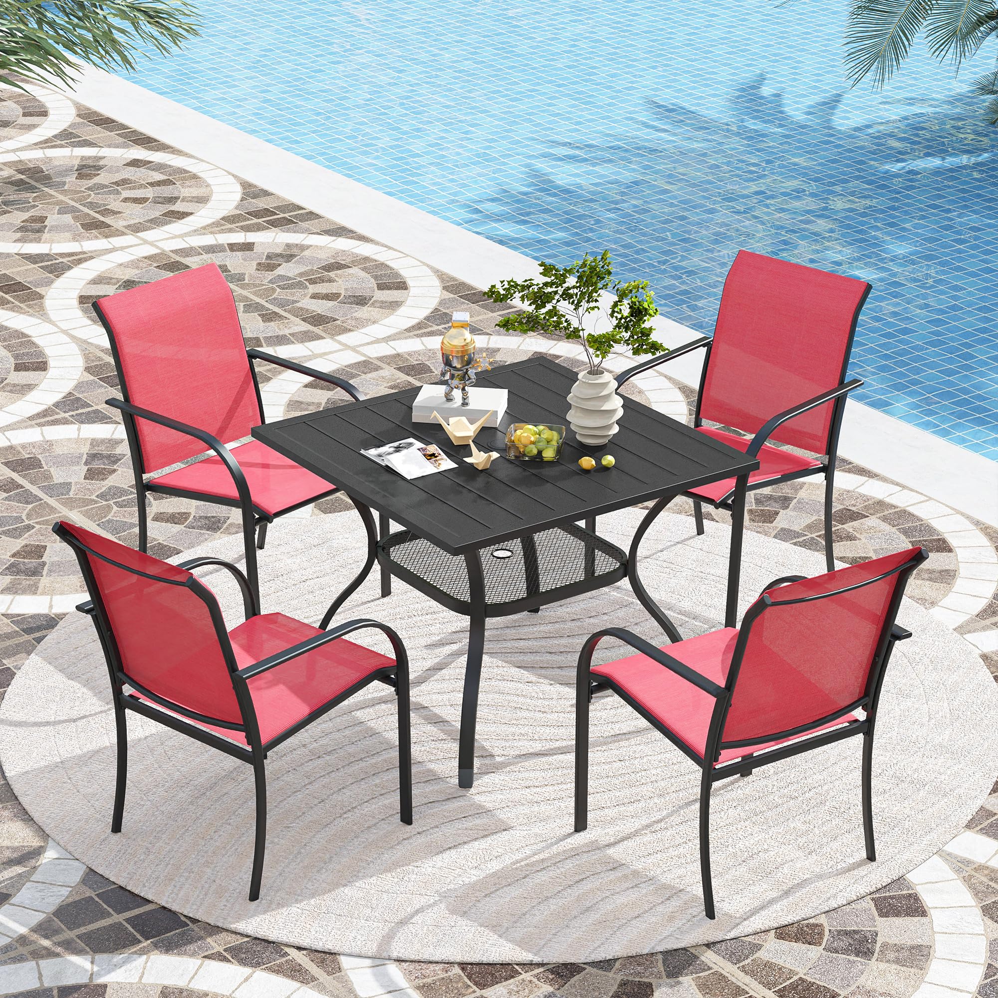 VICLLAX 4-Person Square Outdoor Patio Dining Table with Metal Slatted Tabletop, Storage Shelf & Umbrella Hole - Perfect for Backyard, Lawn, Deck & Garden Gatherings (Black)