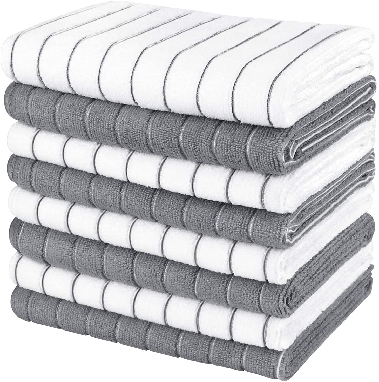 **AIDEA 8-Pack Microfiber Kitchen Towels - Super Soft, Absorbent Dish Towels for Cleaning, Drying & Polishing - 15”x25” White/Grey - Perfect for Home, Kitchen & Restaurant Use**