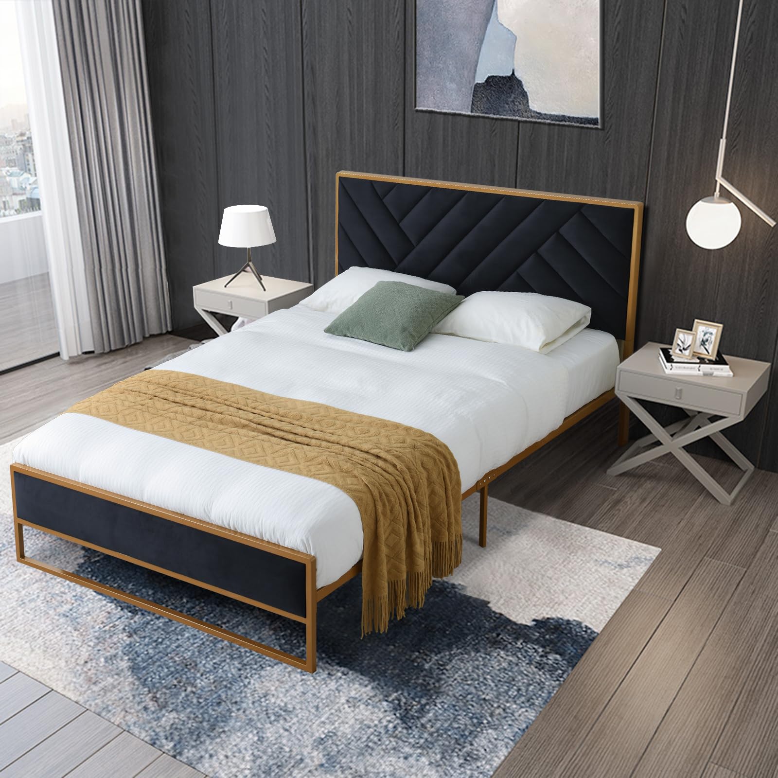 VELOCAVA Full Metal Upholstered Bed Frame with Geometric Headboard - Velvet Platform Bed with 10'' Under Bed Storage, Sturdy Metal Base & Wooden Slats - No Box Spring Needed, Noise-Free - Gold & Black - Perfect for Modern Bedrooms, Guest Rooms & Small Spaces
