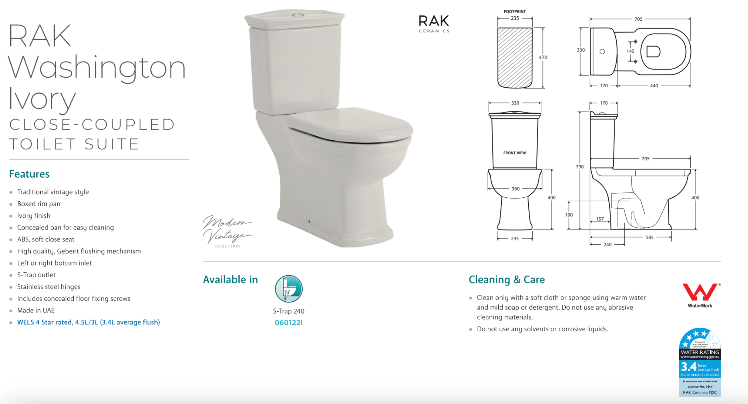 Fienza 060122I Washington Close Coupled RAK S Trap 240mm Toilet in Ivory - Modern Bathroom Toilet for Home, Hotel & Commercial Use