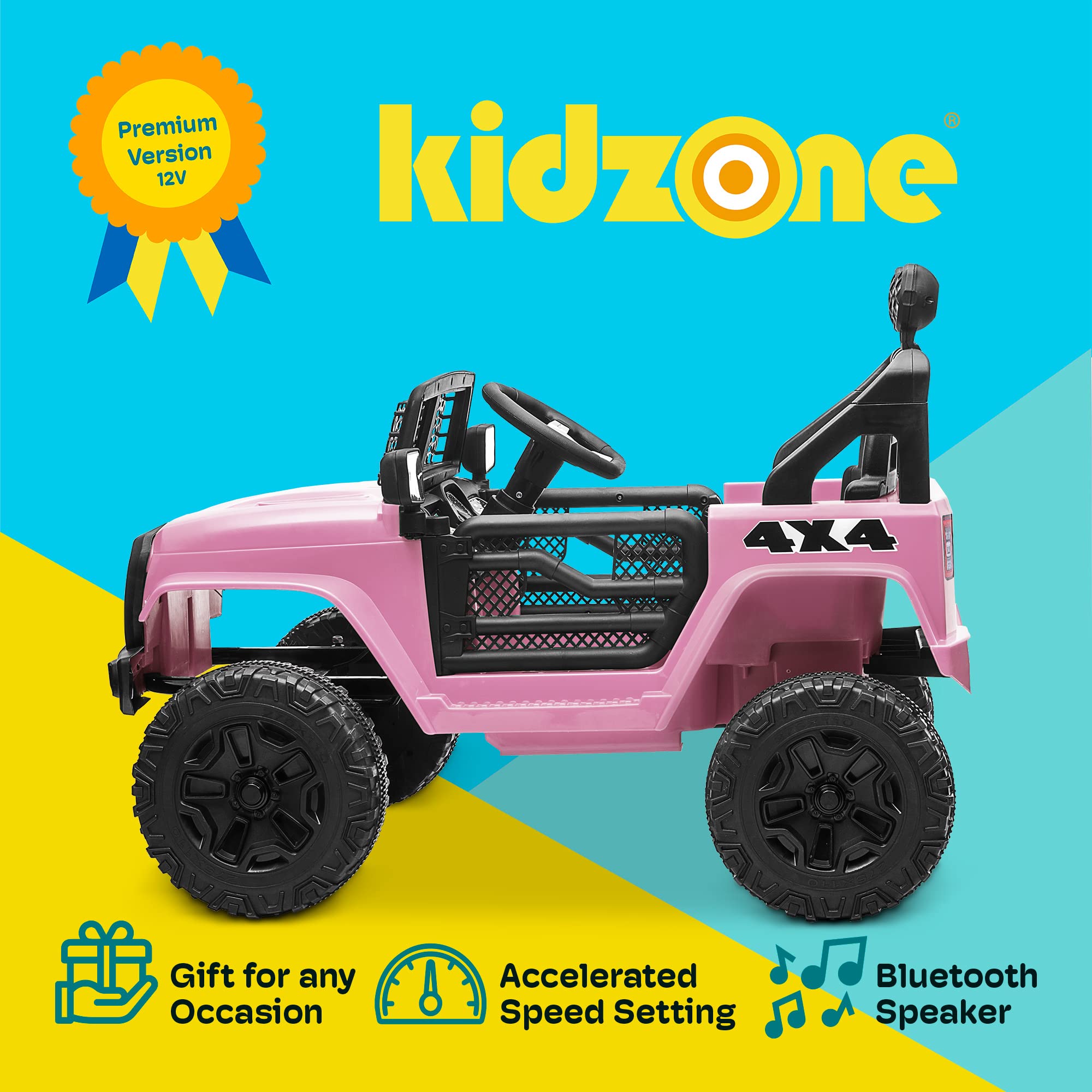 Kidzone 12V Battery Powered Ride On Truck - Electric Kids Car Toy with DIY License Plate, Parent Remote Control, MP3 Player, LED Lights & 2 Speed Modes - Pink | Perfect for Indoor & Outdoor Play, Birthday Gifts & Toddler Pretend Driving Fun