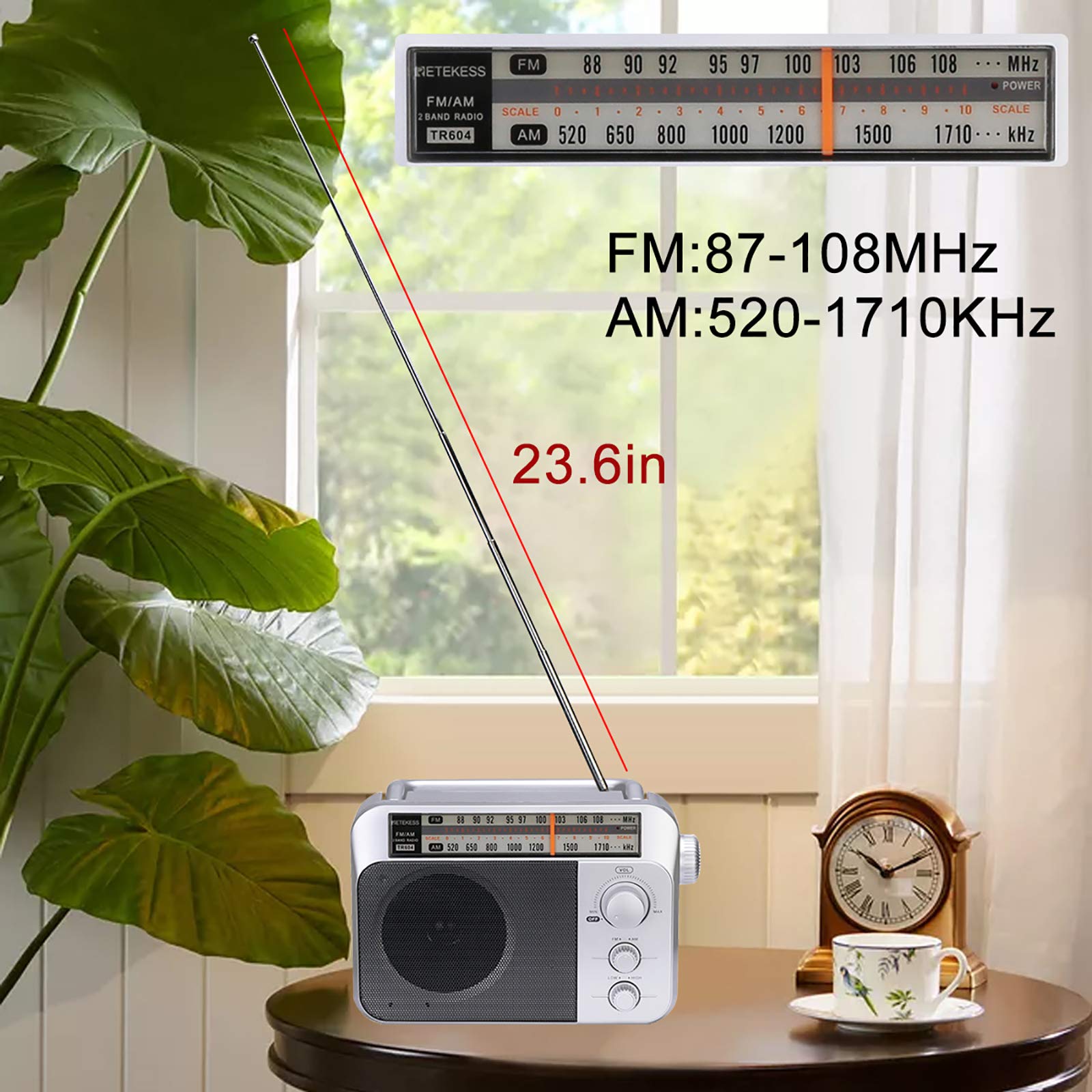 Retekess TR604 Portable AM FM Radio with Earphone Jack - Battery or AC Powered Boombox for Home, Office, Outdoor & Emergency Use (Silver)