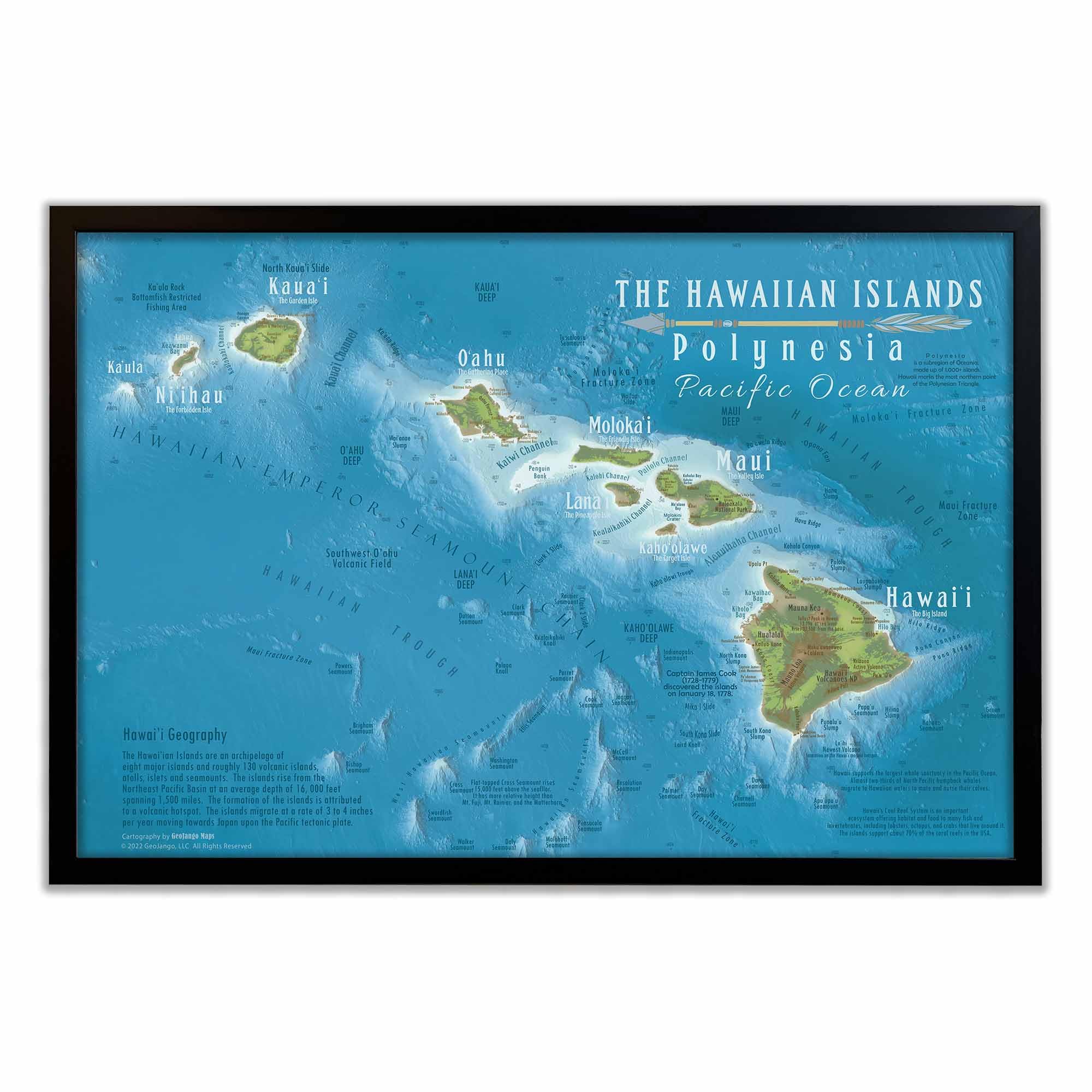 Hawaii Map Wall Art - 36x24 Inch Framed Hawaii State Map with 500 Travel Pins - Professional Geographer Designed Hawaiian Decor for Home, Office & Travel Inspiration