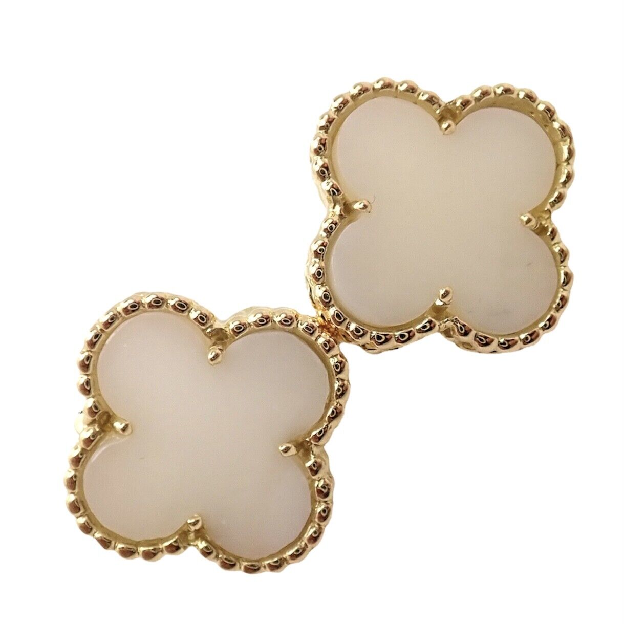 Van Cleef & Arpels Vintage Alhambra 18k Yellow Gold White Coral Earrings - Luxury Jewelry for Women, Perfect for Weddings & Special Occasions