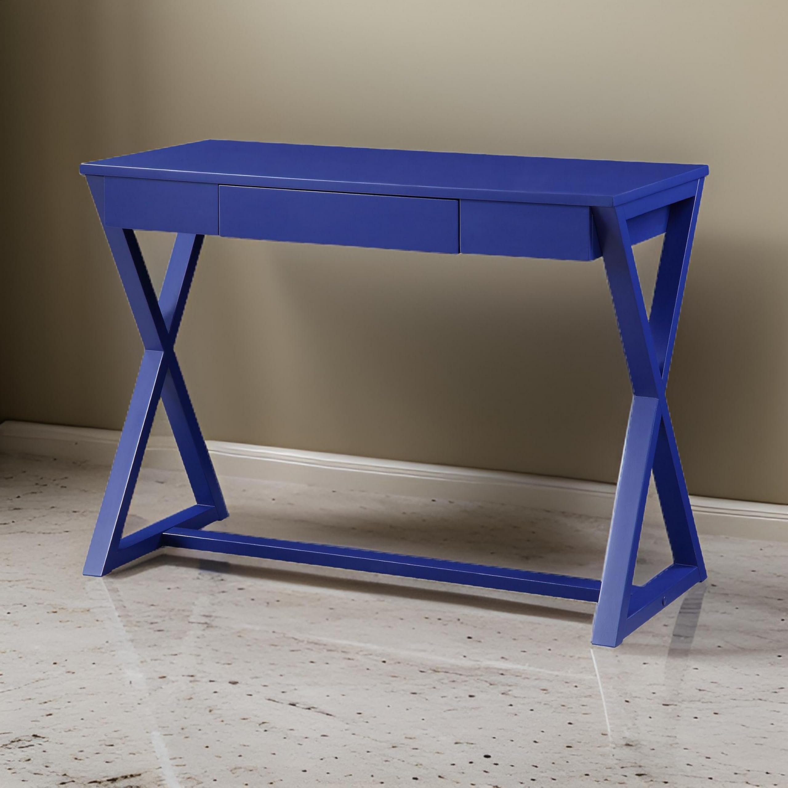 Benjara Blue Writing Desk with X-Shaped Base & Center Drawer - Home Office Furniture for Small Spaces, Study Room & Dormitory