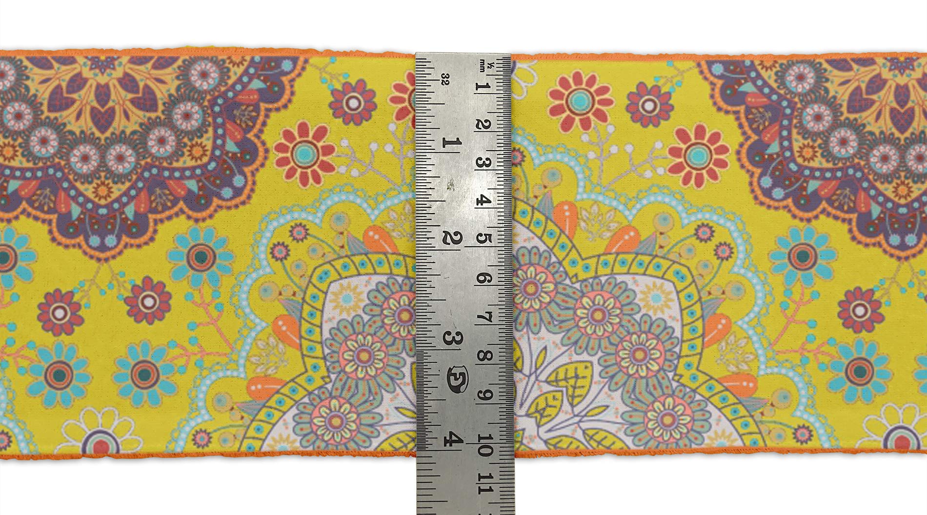 Indian Beautiful Art Yellow Floral & Mandala Kaleidoscope Printed Velvet Ribbon Trim - 9 Yards x 3 Inches Wide for Sewing, Crafts, DIY Accessories - Perfect for Costume Design, Gift Wrapping & Home Decor