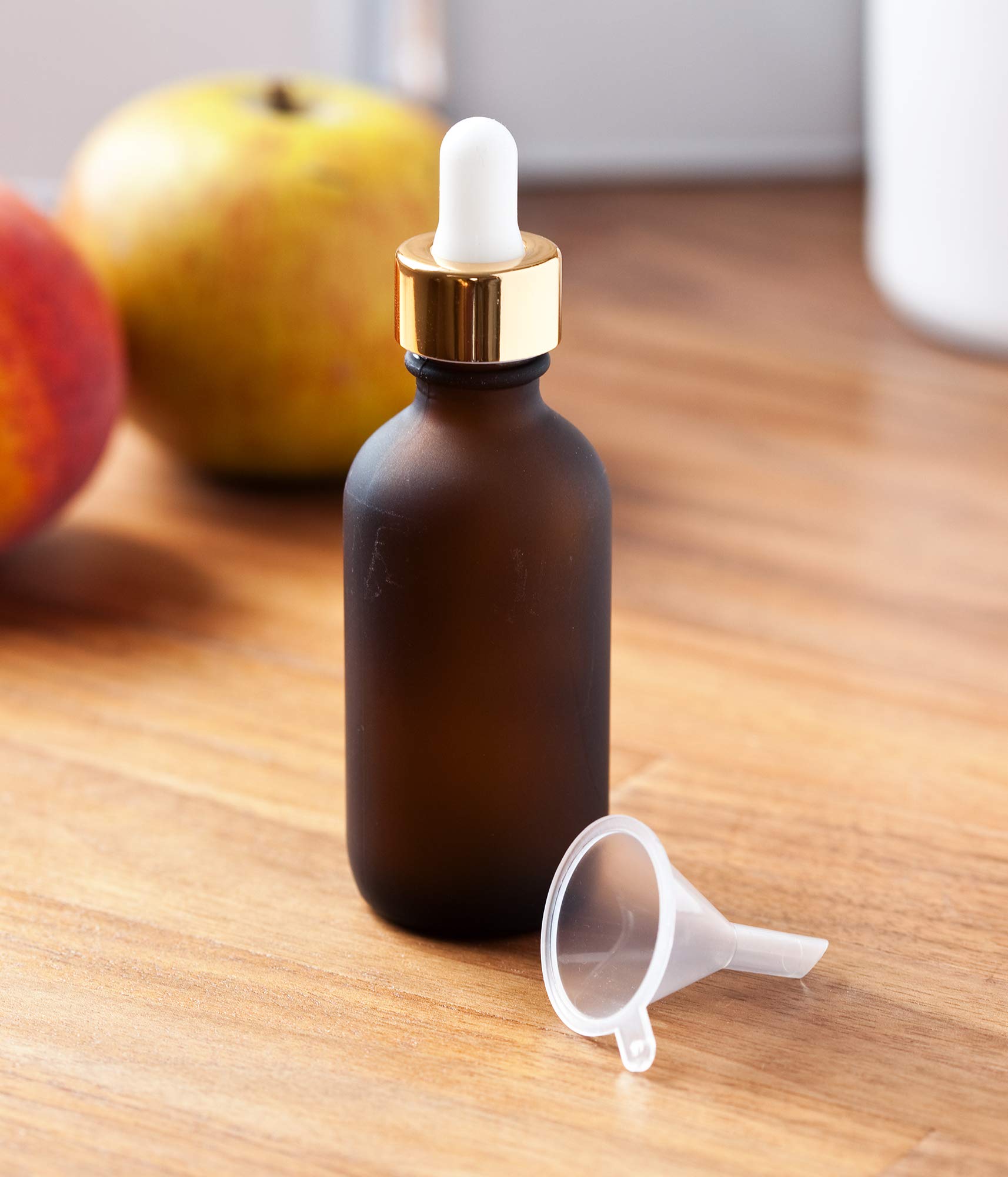 JUVITUS 2 oz Frosted Amber Glass Boston Round Bottle with Gold Metal & Glass Dropper - 12 Pack with Funnel - Perfect for Essential Oils, DIY Skincare & Herbal Tinctures