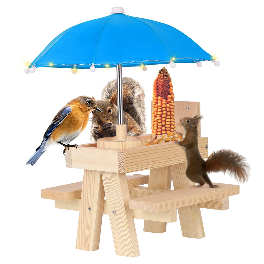 Outdoor Hanging Squirrel Feeder with Umbrella Cover & LED String Lights - Natural Wooden Picnic Table Style Bird Feeder with Water Bowl (Blue) - Perfect for Backyard Wildlife Watching & Garden Decoration