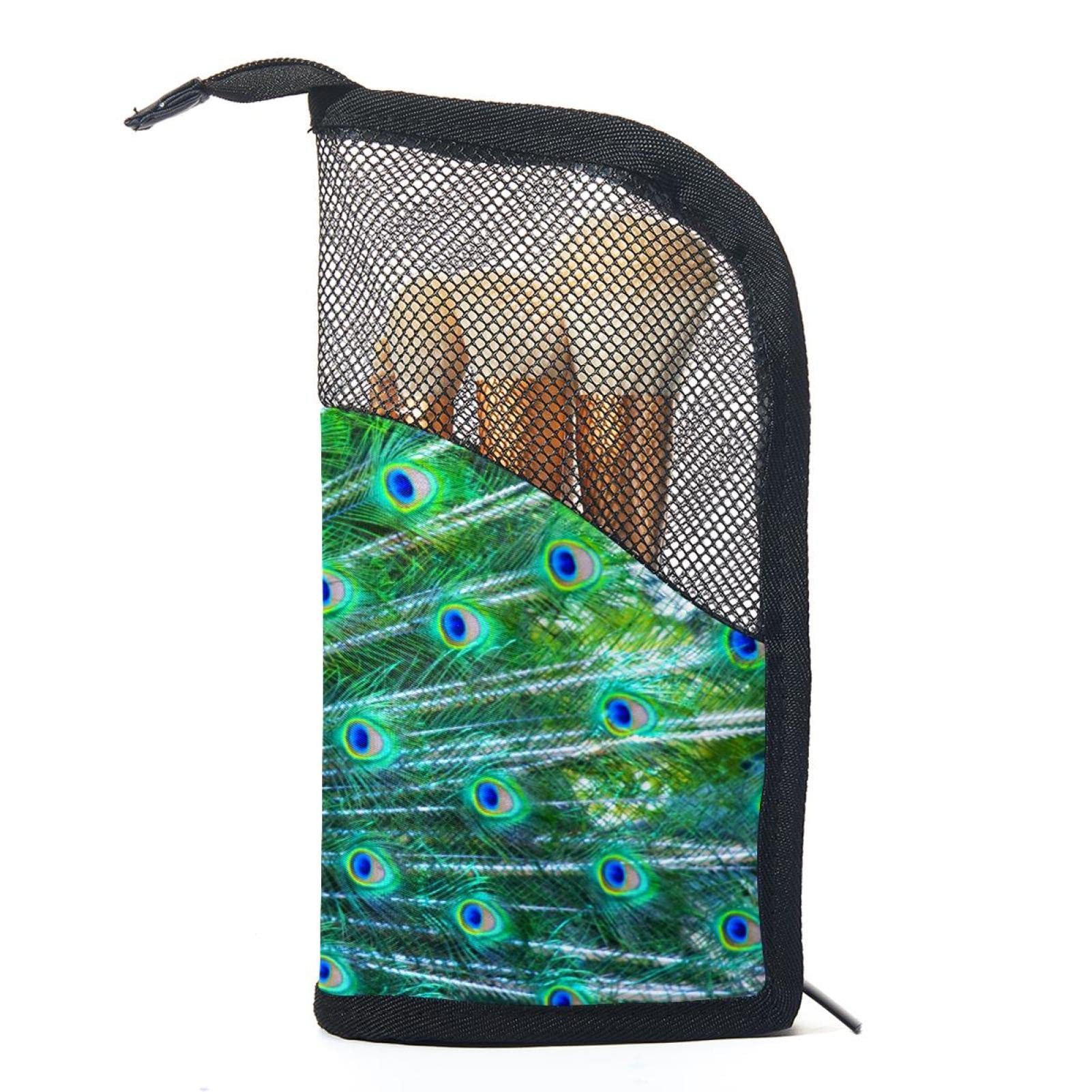 12-Piece Makeup Brush Organizer Bag with Colored Feather Peacock Design - Portable Cosmetic Brush Holder Case for Travel & Home Vanity Organization