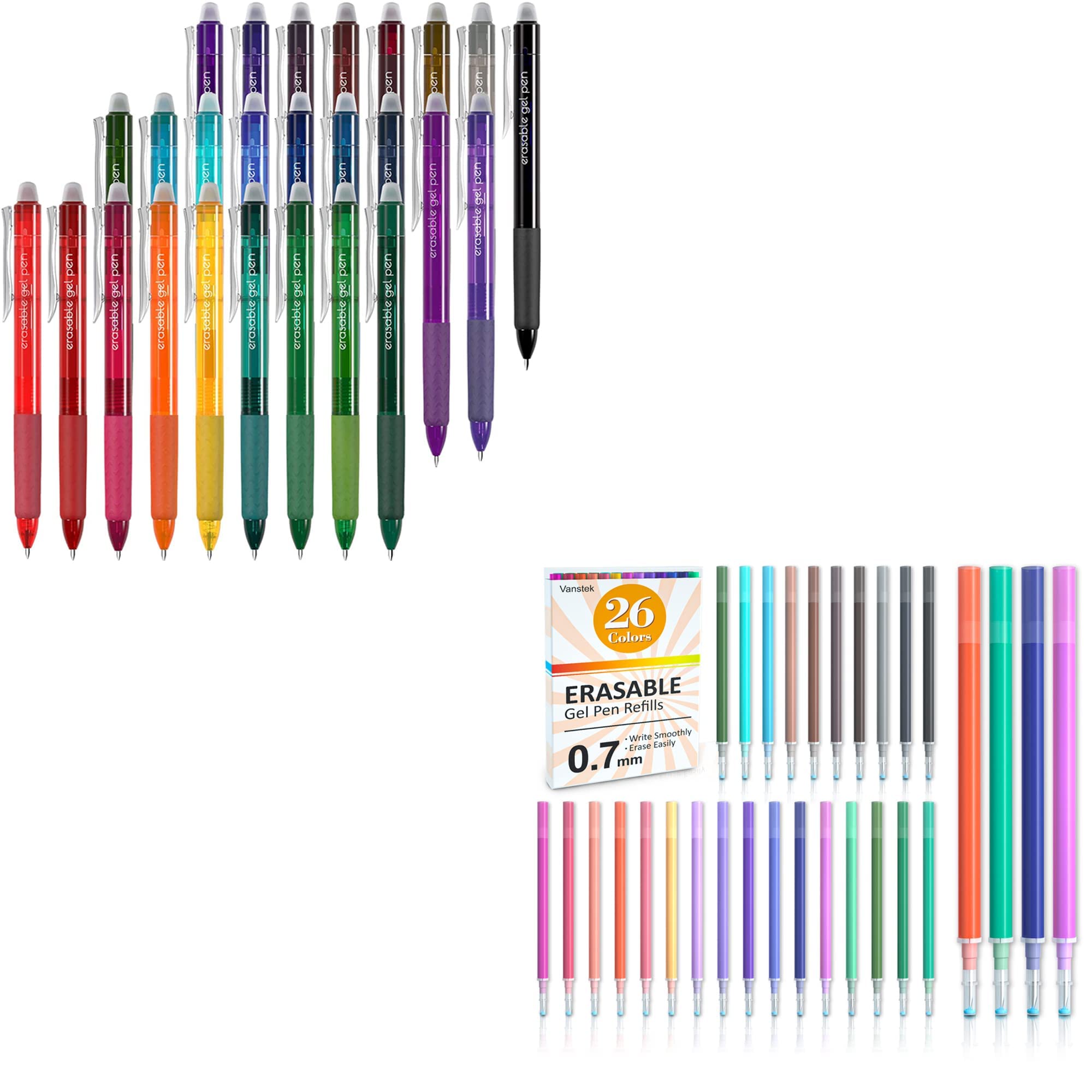 Vanstek 26 Colors Erasable Gel Pens with 26 Refills - Smooth Writing, No Smudge, Perfect for School, Office, Note Taking & Art Projects