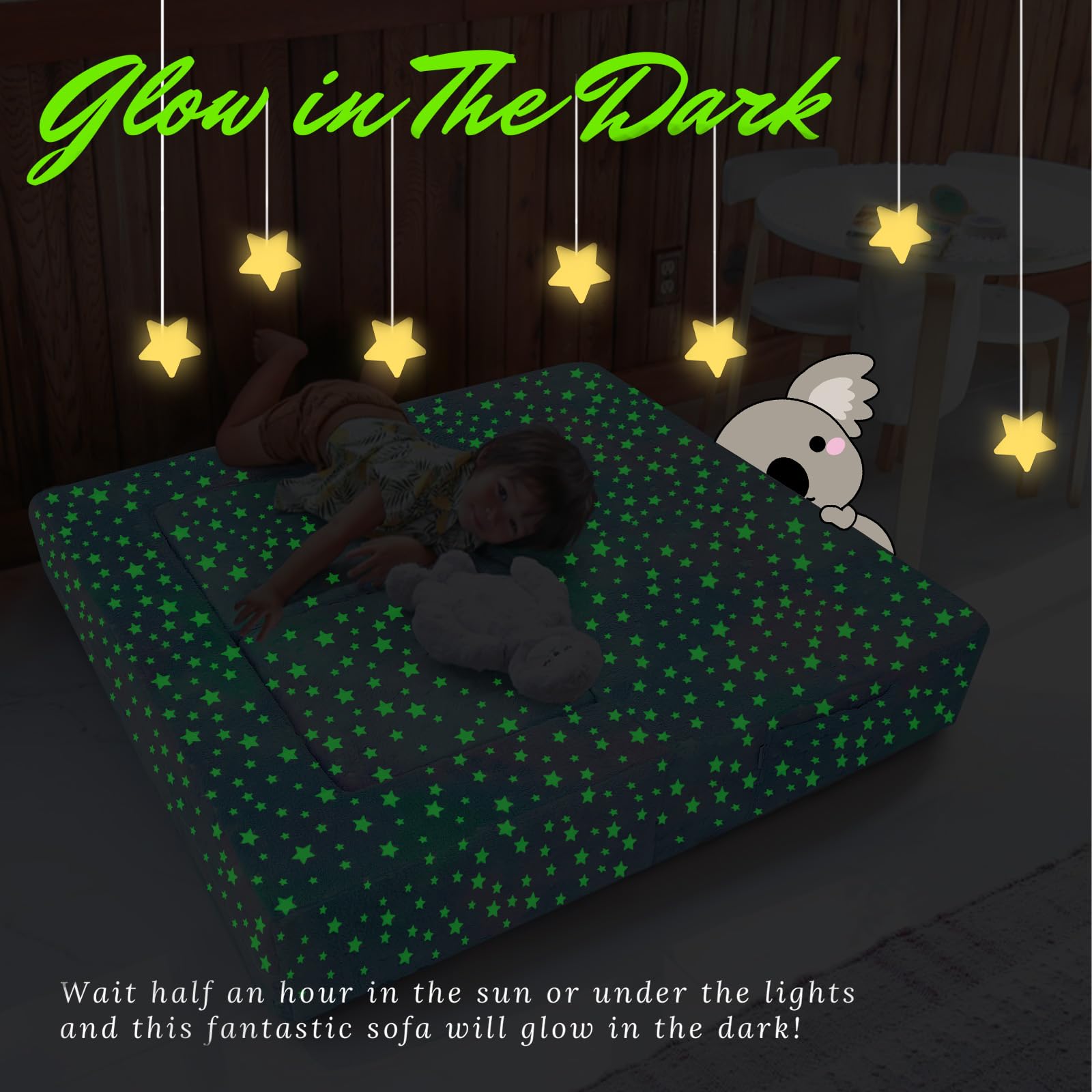 MeMoreCool Kids Play Couch - Glow in The Dark Stars Toddler Sofa | Foldable Modular Furniture for Playroom & Bedroom | Perfect for Playtime, Nap Time & Sensory Play