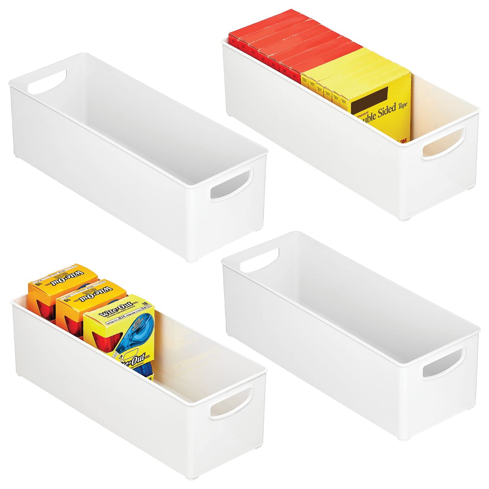 mDesign Plastic Office Supply Organizer - 4-Pack White Storage Bins with Handles for Desk Drawer, Cabinet - Perfect for Pens, Pencils, Envelopes & Office Supplies - Ideal for Home Office, School, Workstation Organization (Ligne Collection)