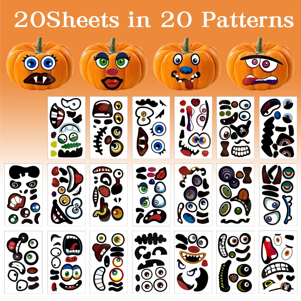 40PCS Halloween Pumpkin Face Stickers - 20 Sheets Small Pumpkin Decorating Stickers for Kids Crafts, Trick or Treat Party Favors, DIY Pumpkin Carving & Fall Festival Decorations