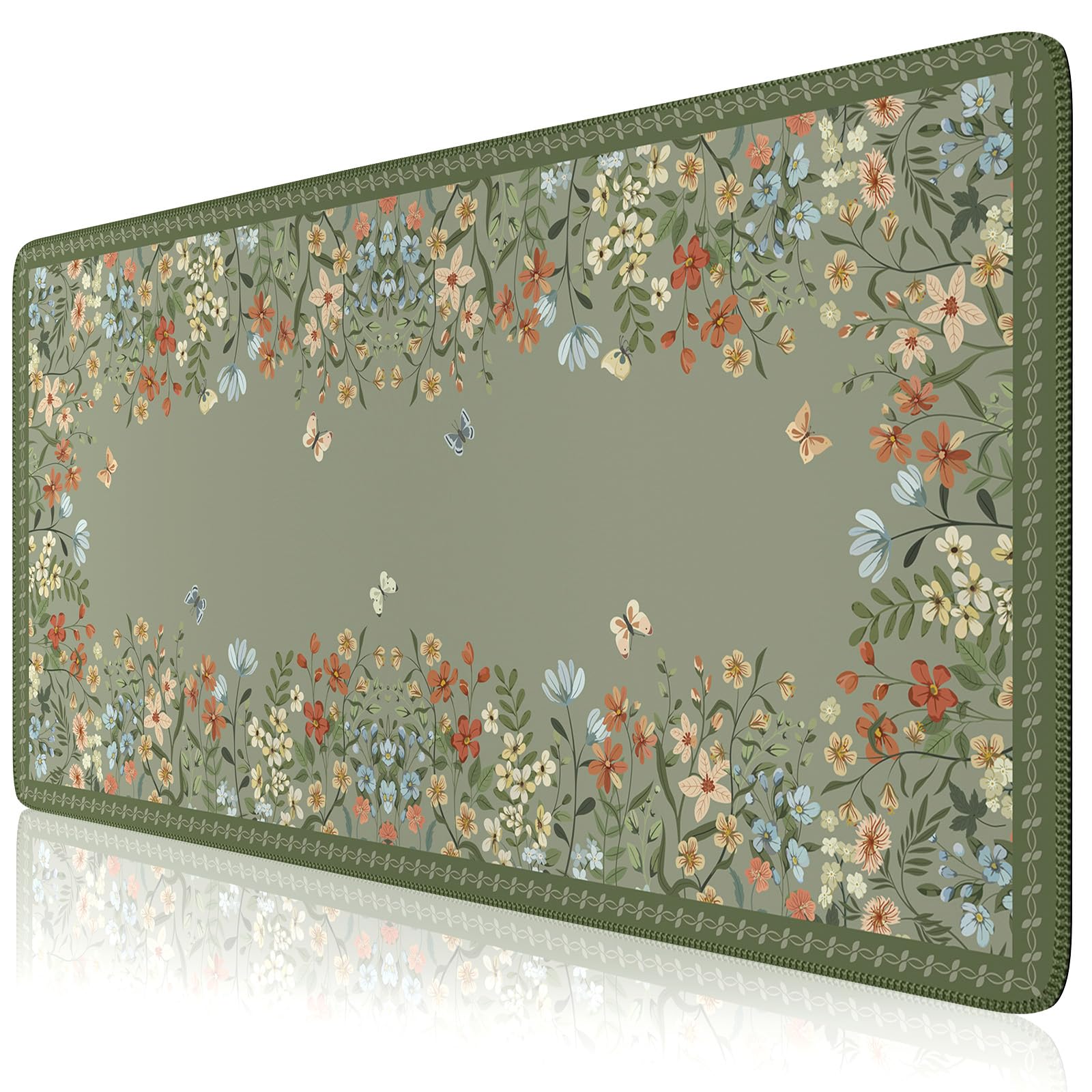 HAOCOO Floral Desk Mat - Extra Large Non-Slip Rubber Base Keyboard & Mouse Pad, Waterproof Office Desk Mat for Computer, Gaming & Work - Dark Green - Perfect for Women's Workspace & Home Office Setup