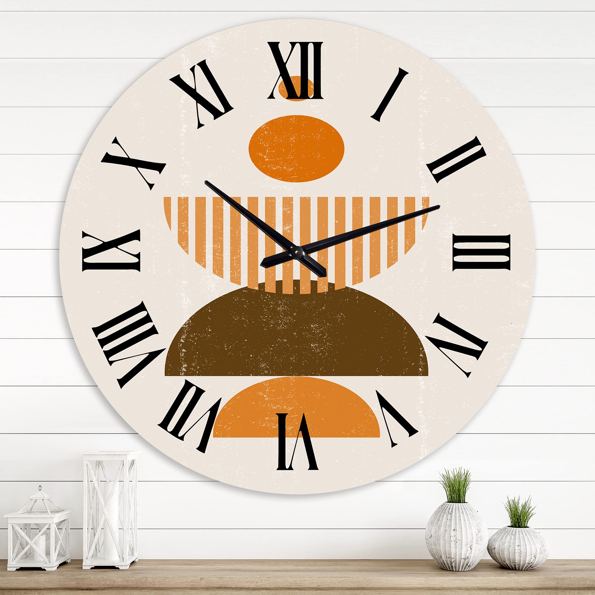 Abstract Minimal Sun and Moon Wall Clock - Modern Geometric Large Wall Decor for Bedroom, Living Room & Office - Earth Tone Contemporary Home Decor