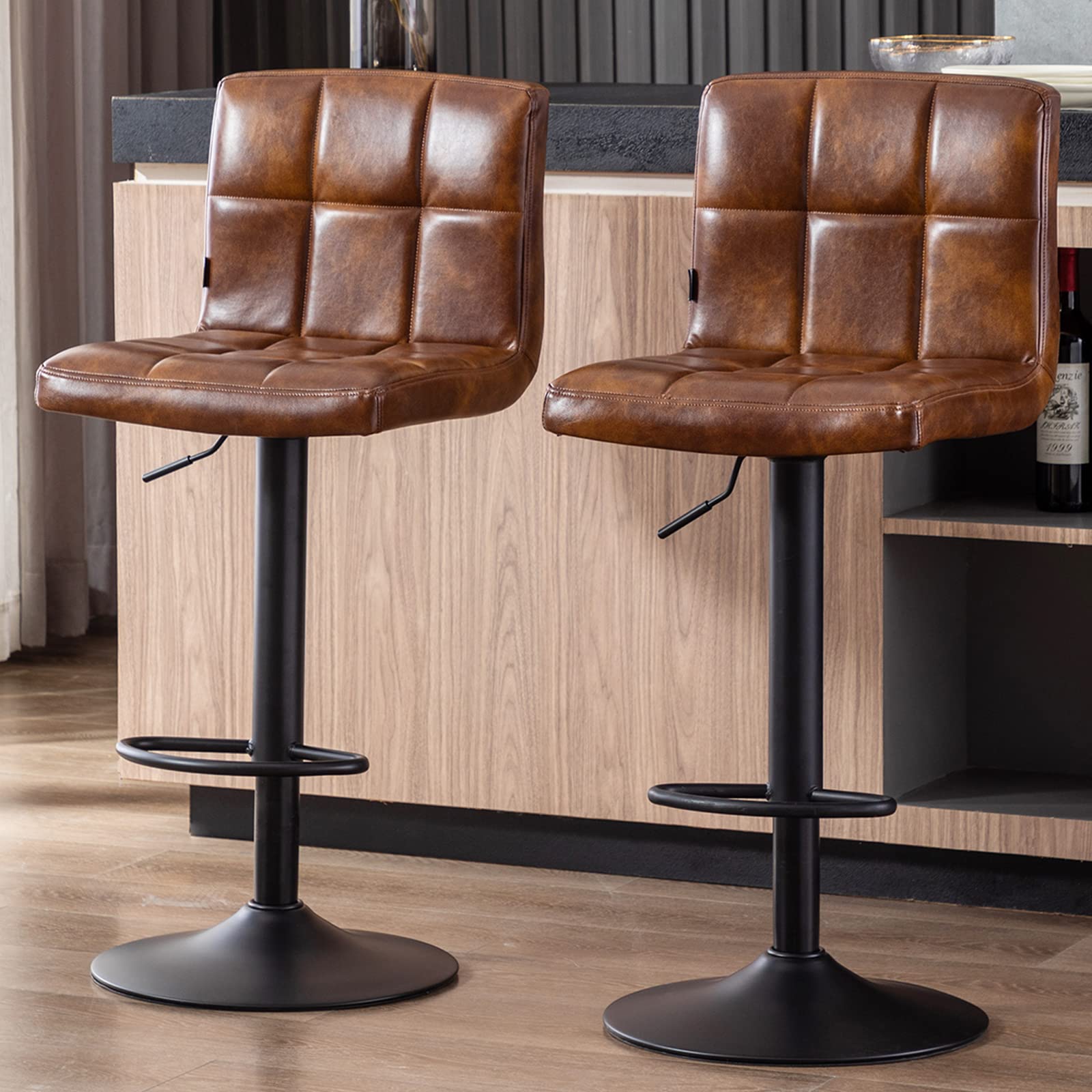 DUHOME Set of 2 Faux Leather Bar Stools - Adjustable Height Swivel Kitchen Stools with Backrest & Footrest, Armless Counter Chairs for Kitchen, Bar, Cafe - Yellowish Brown - Perfect for Small Spaces & Modern Home Decor