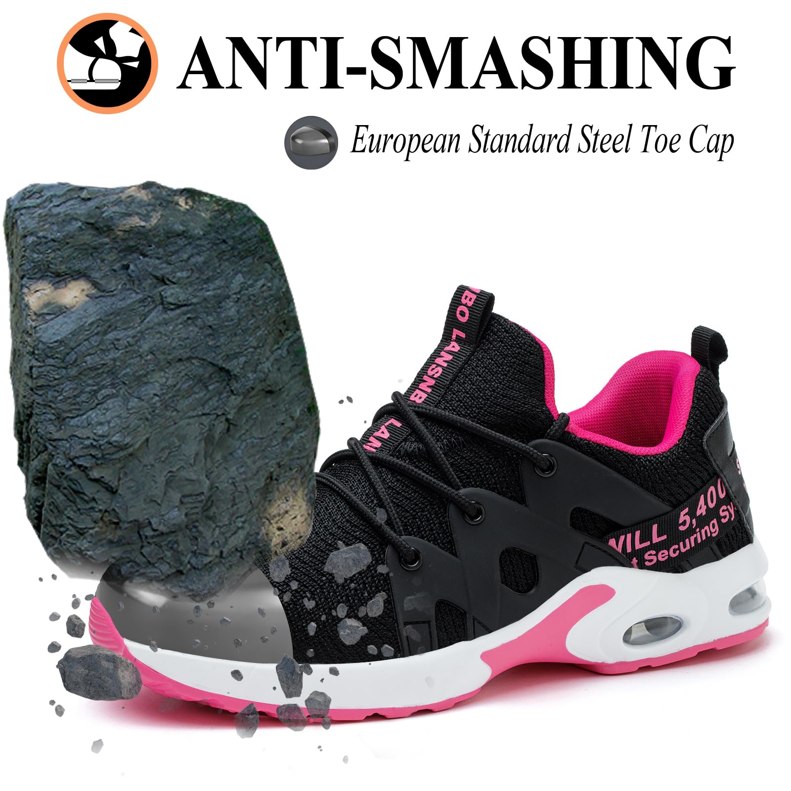 Women's Steel Toe Work Shoes - Indestructible Safety Sneakers with Air Cushion, Lightweight & Breathable, Puncture Proof & Slip Resistant, Composite Toe Footwear for Construction, Warehouse & Industrial Work