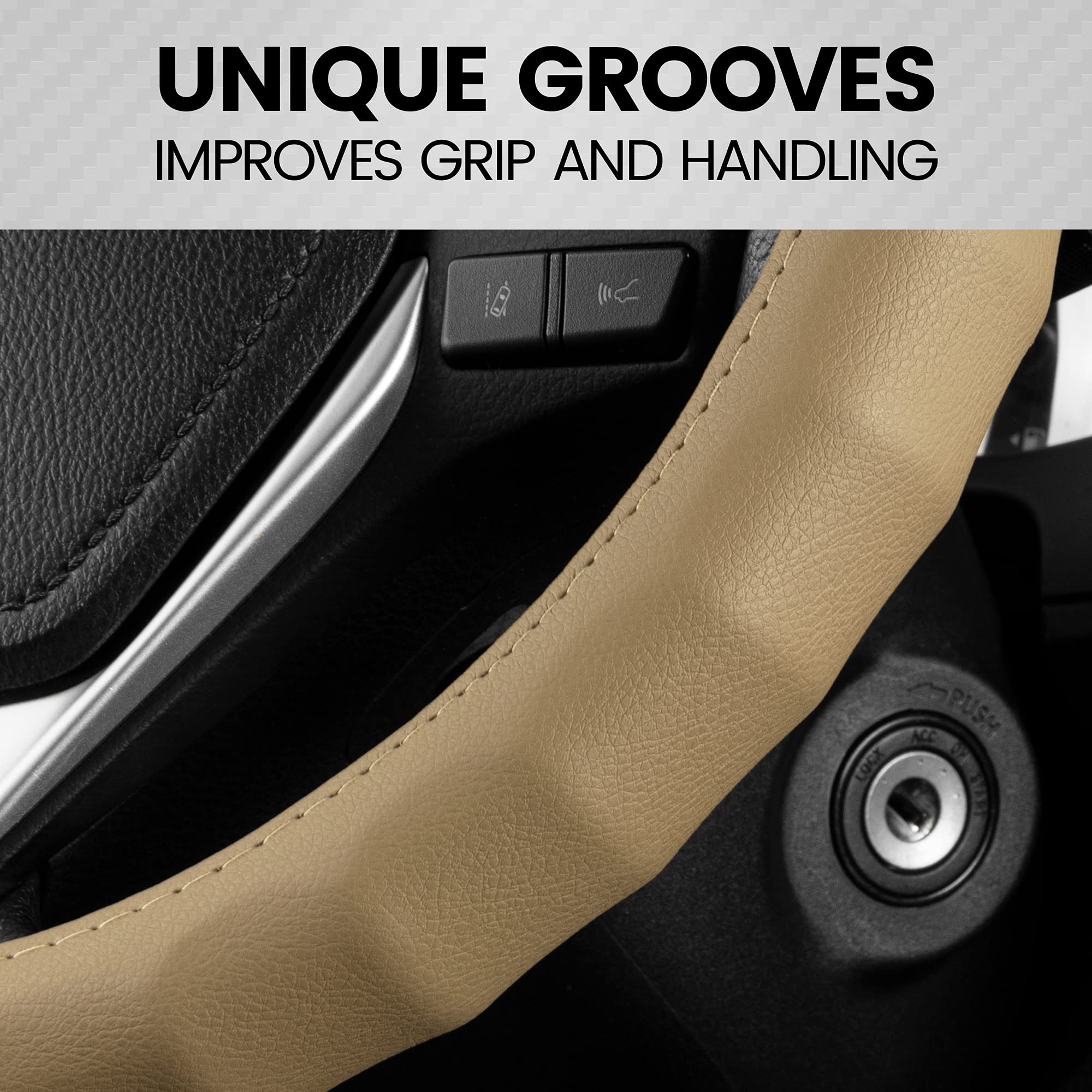 Premium BDK Beige Leather Steering Wheel Cover - Universal Fit 15.5