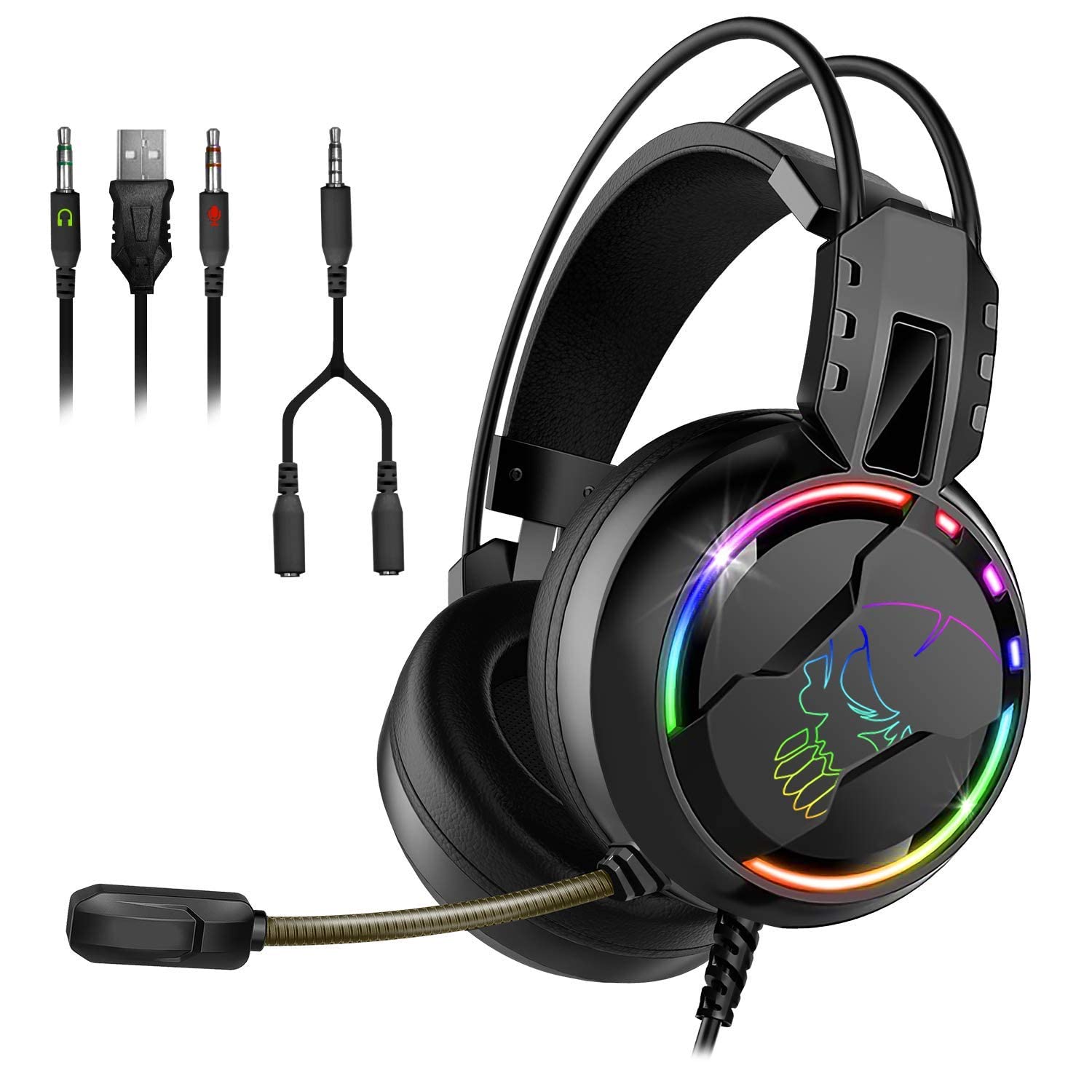 SPIRIT OF GAMER PRO-H7 Gaming Headset with Noise Cancelling Mic, Rainbow LED Lights, Soft Leather Ear Cushions - Compatible with PS5, Xbox Series X, PC, PS4, Xbox One - Perfect for Competitive Gaming & Streaming