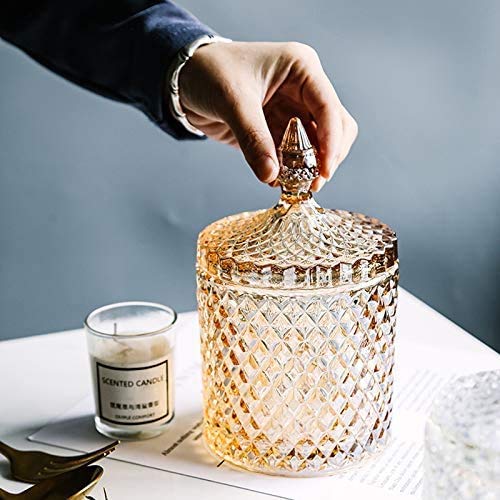 Rock Trend Clear Crystal Diamond Faceted Candy Jar with Crystal Lid - 16 oz Amber Glass Butterfly Candy Dish for Home Decor, Party Buffet & Gift Storage | Elegant Kitchen & Dining Table Display