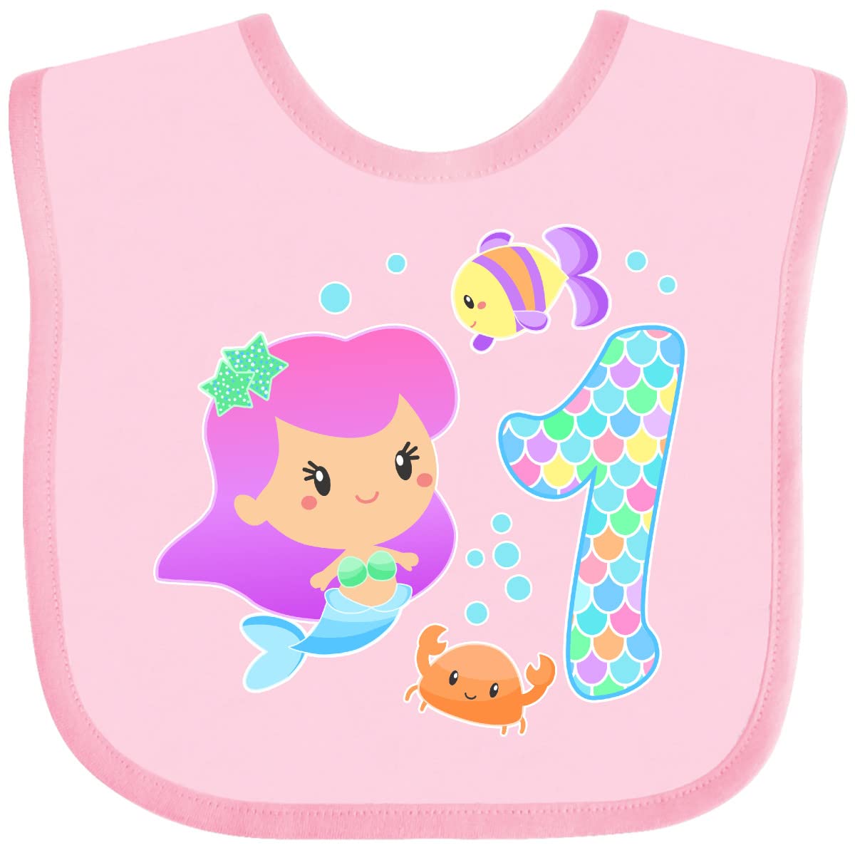 Inktastic First Birthday Mermaid Baby Bib with Fish & Crab Design - Perfect for 1st Birthday Party, Baby Shower Gift & Photo Props