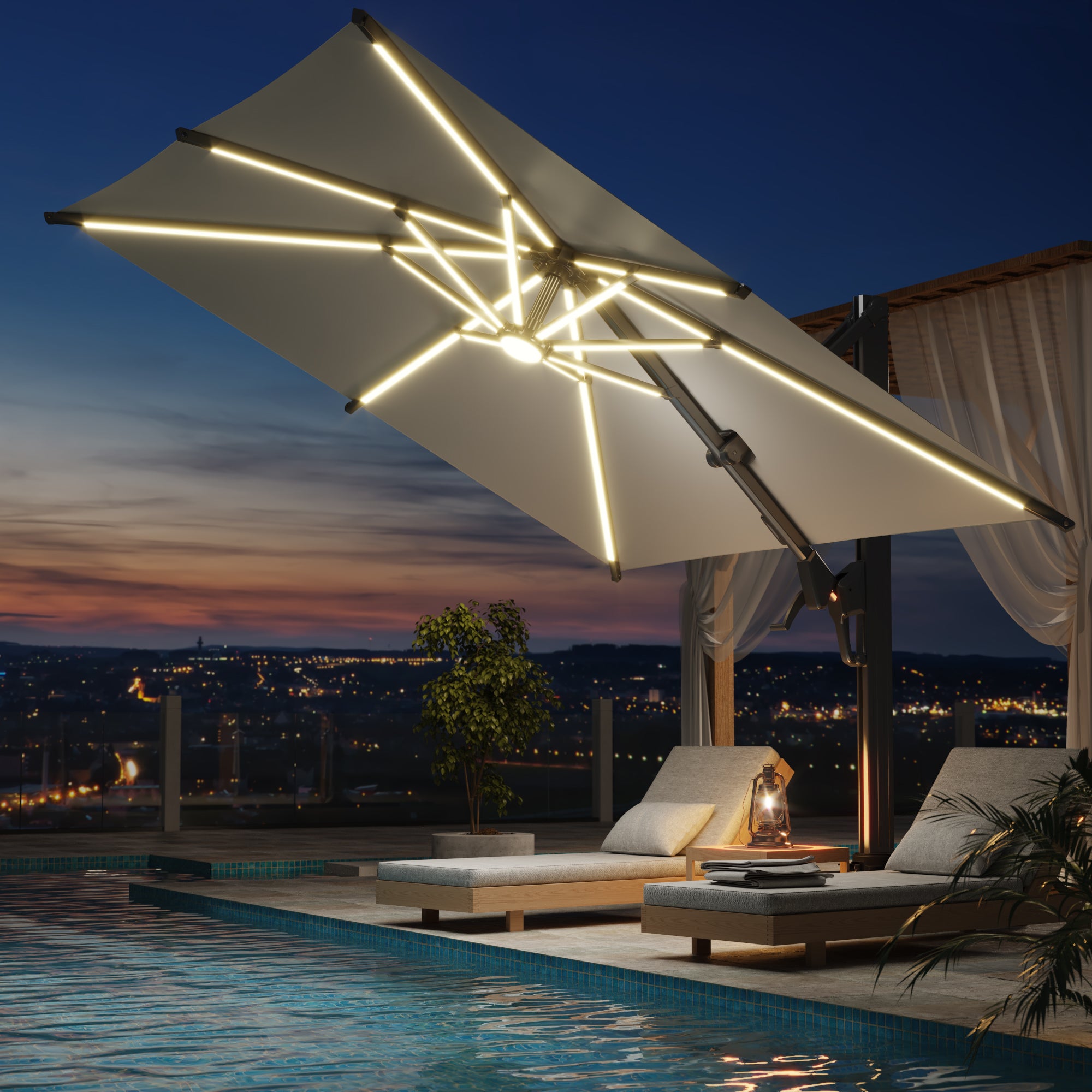 EROMMY 10x10 LED Cantilever Umbrella - Outdoor Patio Sun Shade with Adjustable Tilt, Waterproof & Windproof - Perfect for Backyard, Poolside, and Garden Relaxation