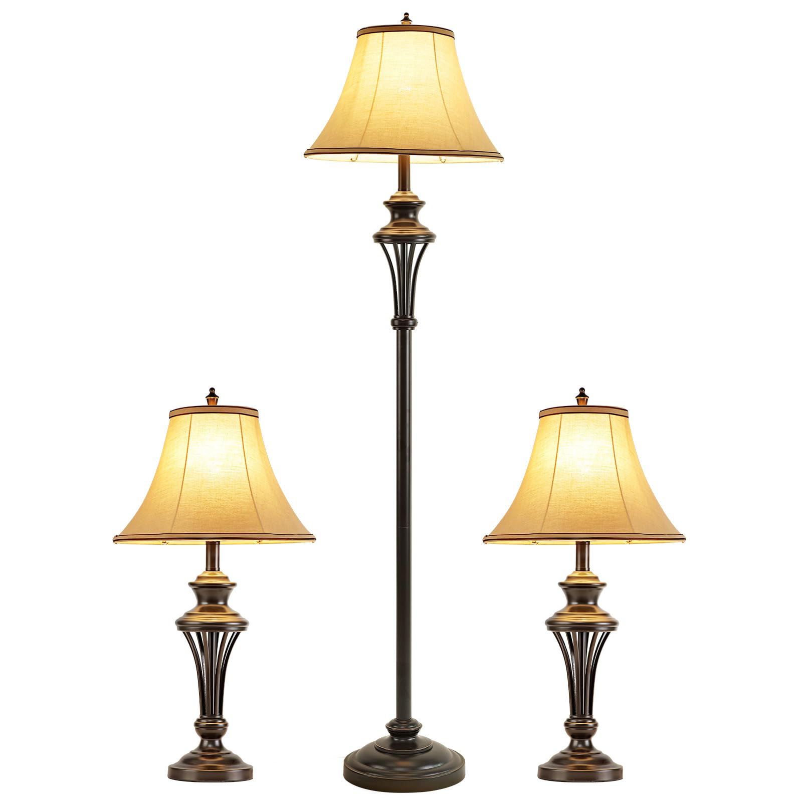 3-Piece Vintage Bronze Table & Floor Lamp Set - 2 Table Lamps & 1 Floor Lamp with Brown Fabric Shades (26