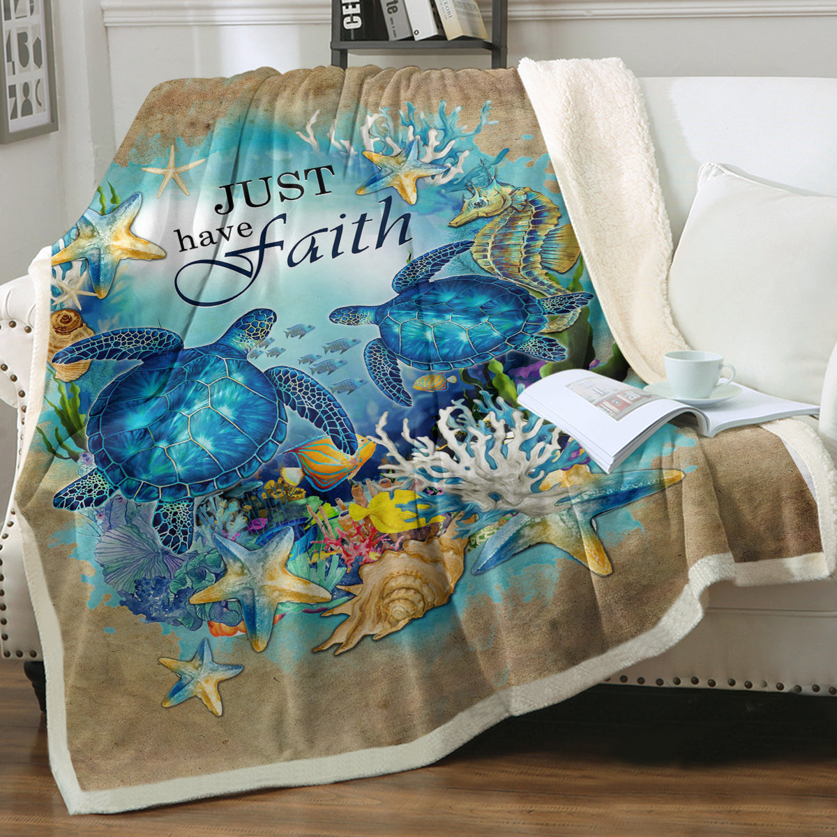 Just Have Faith Sea Turtle Soft Sherpa Blanket - Cozy Flannel Throw for Bed, Couch & Travel - Warm Fleece Blanket for Adults & Kids
