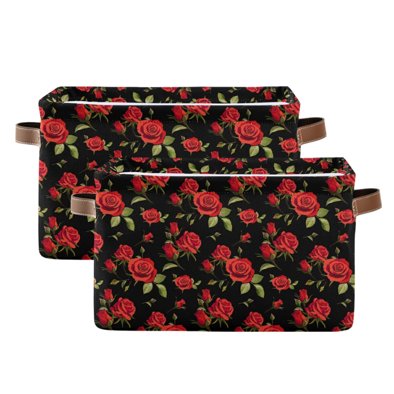 Red Rose Canvas Storage Basket - Large Collapsible Cube Organizer Bin for Home, Office & Closet (15