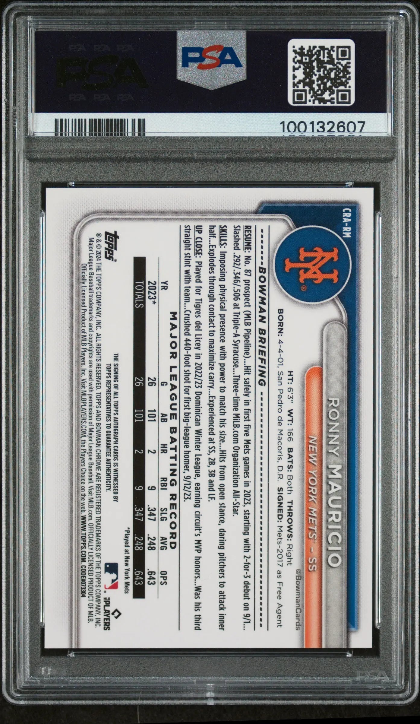 2024 Bowman Chrome Ronny Mauricio Rookie Autograph PSA 10 Gem Mint - Baseball Trading Card for Collectors & Investors, Perfect for Display Cases & Portfolio Growth