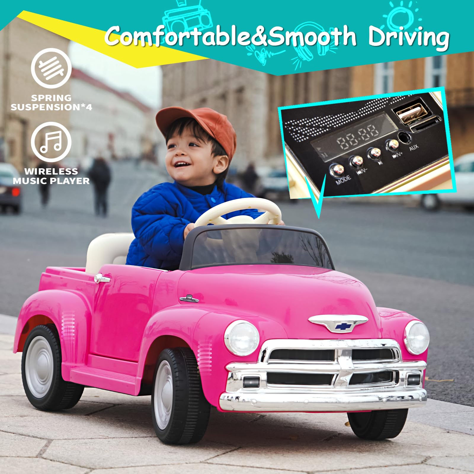 Joywhale 12V Kids Ride on Car - Licensed Chevrolet 3100 Pickup Electric Toy Vehicle with 7AH Battery, 2.4G Remote Control, 3 Speed Modes, Music & Storage | Retro Style Pink Battery-Powered Motorized Car for Boys & Girls | Perfect for Birthday Gifts, Outdoor Play & Backyard Fun