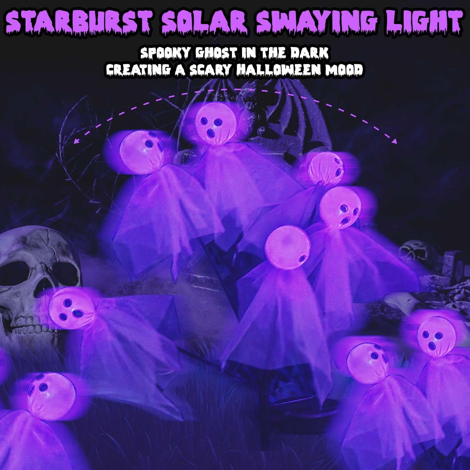 2 Pack Halloween Solar Lights Outdoor - 12 LED Scary Ghost & Swaying Firefly Pathway Lights, Waterproof Purple Halloween Decorations for Garden, Yard, Lawn - Perfect for Halloween Party & Spooky Pathway Lighting