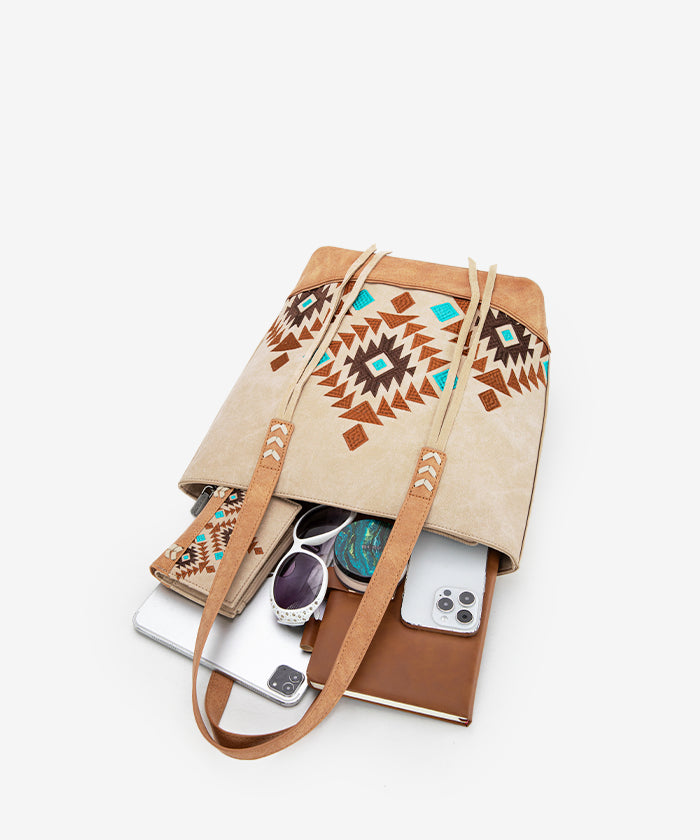 Montana West Aztec Embroidered Tote Bag Set for Women - Stylish Boho Shoulder Bag with Handmade Tribal Patterns - Perfect for Travel, Beach, Shopping & Everyday Use