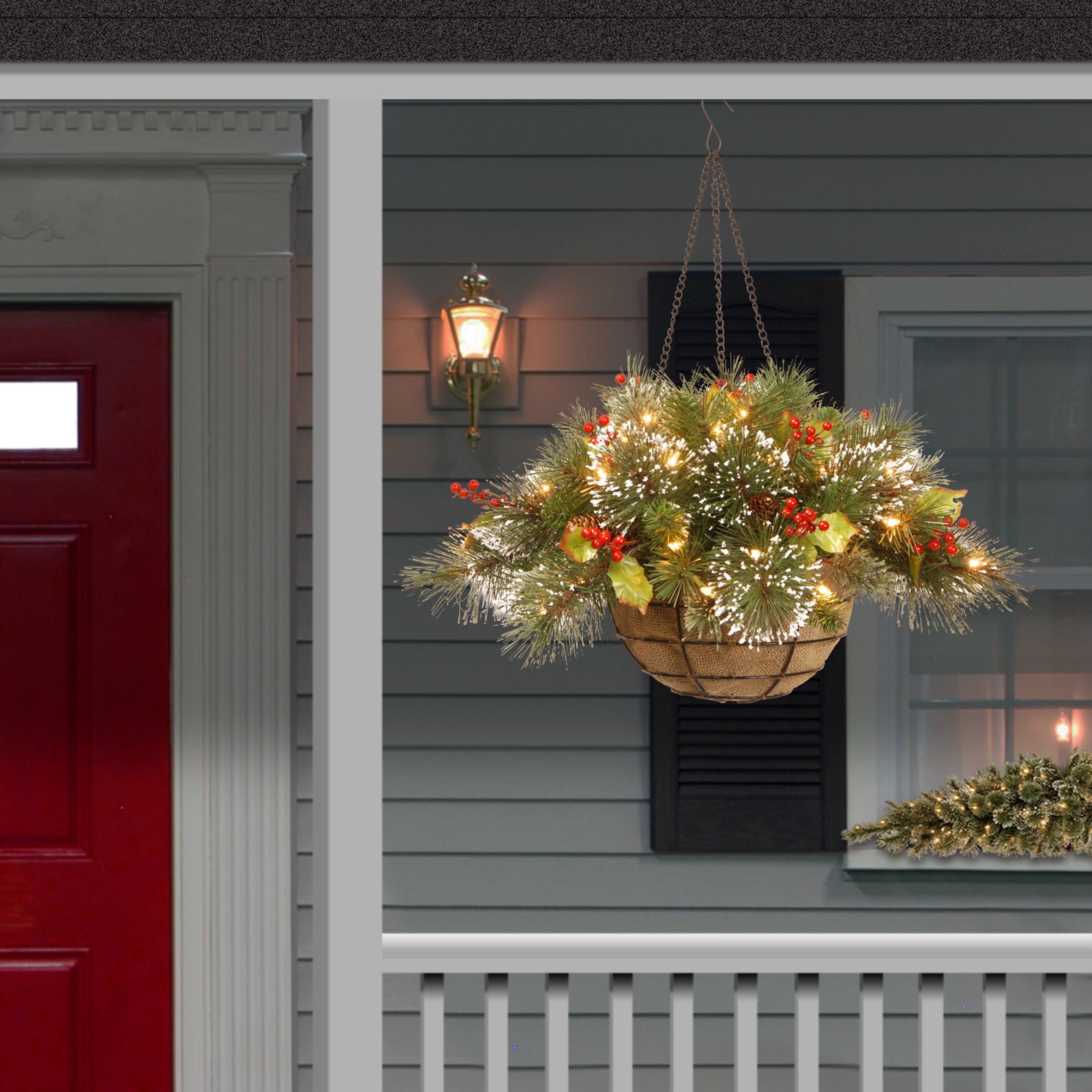 20 Inch Pre-Lit Wintry Pine Hanging Basket with Warm White LED Lights - Perfect for Christmas Decor, Porch, Patio, and Holiday Home Decor