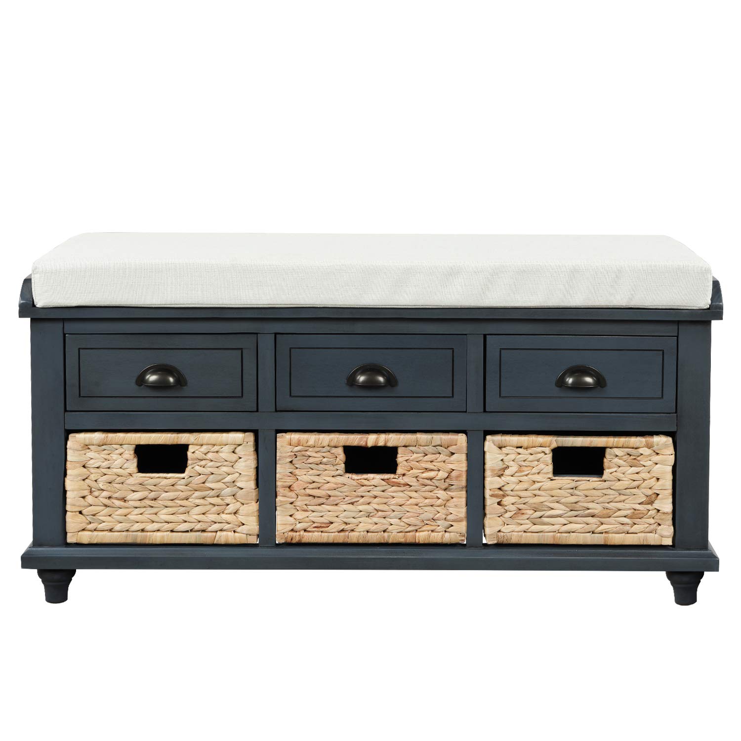 Rustic Storage Bench with 3 Drawers & Rattan Baskets - Shoe Bench Ottoman with Removable Cushion for Living Room, Entryway, Bedroom - Antique Navy Home Decor Storage Solution