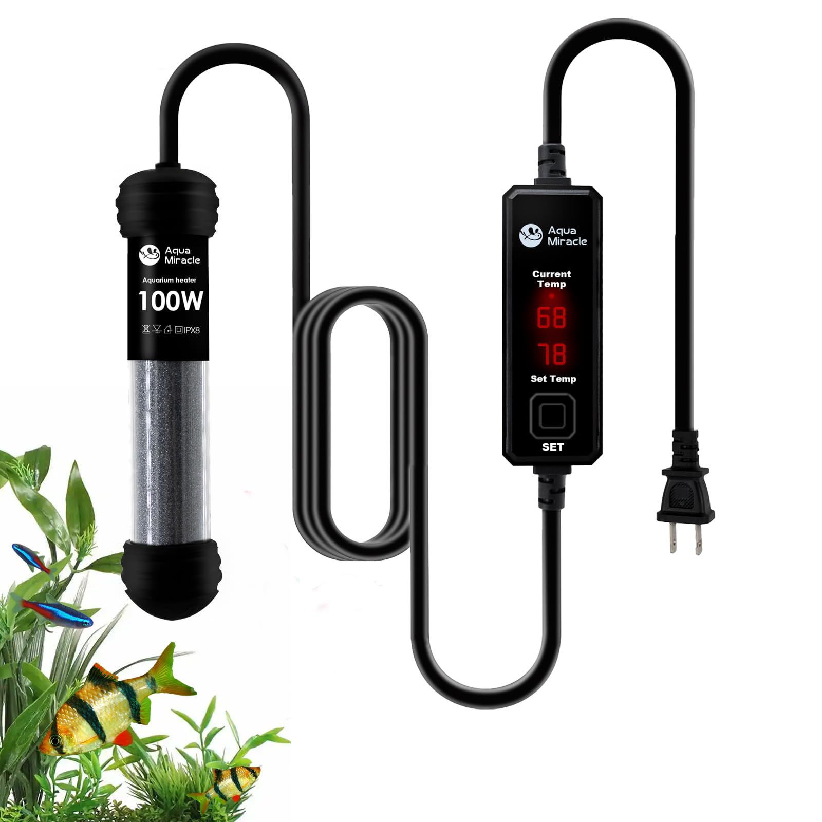 AquaMiracle 100W Small Aquarium Heater - Super Mini Fish Tank & Turtle Tank Heater for 10-20 Gallon Tanks | Dual LED Display, Dry-Run & Overheating Protection, Memory Function | Perfect for Home, Office & Classroom Aquariums