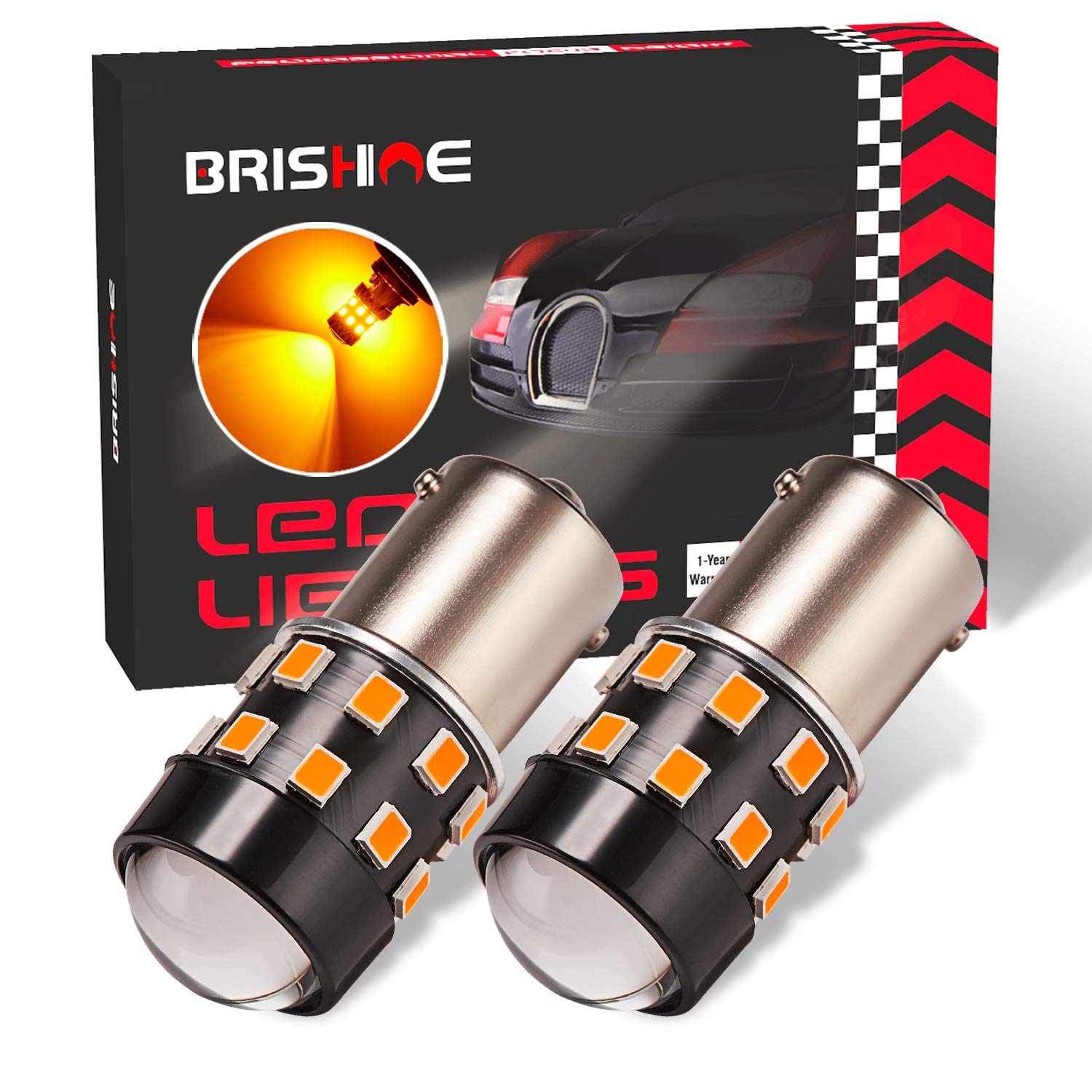 BRISHINE Super Bright 1156 7506 BA15S 1073 1141P21W LED Bulbs Amber Yellow 9-30V Non-Polarity 24-SMD LED Chipsets with Projector - Perfect for Turn Signal Lights, Side Marker Lights, Motorcycle Lights & Off-Road Vehicles (Pack of 2)