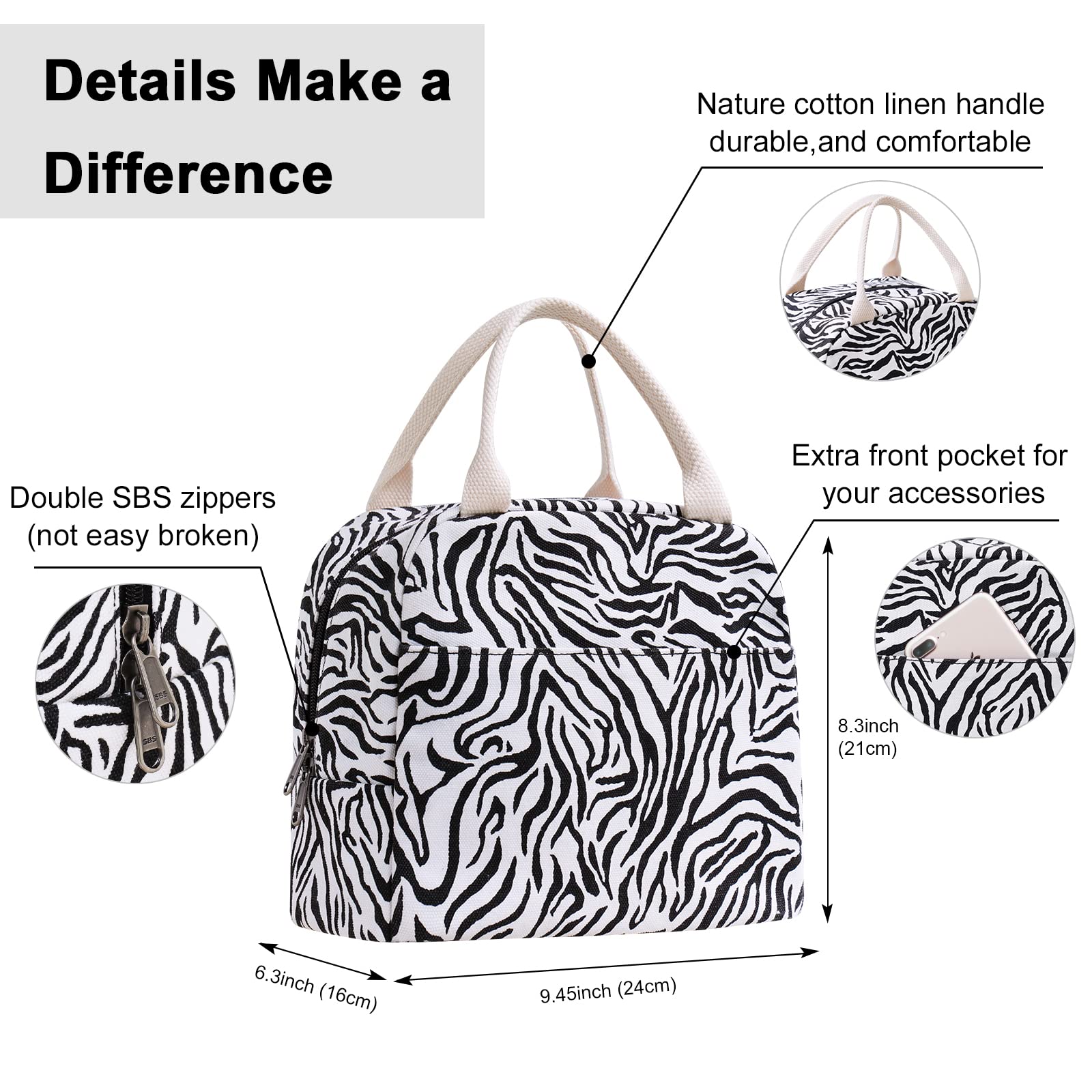 Stylish Black & White Zebra Print Insulated Lunch Tote Bag for Women - Lightweight Reusable Canvas Bento Box Carrier - Perfect for Office, School, Picnics & Travel