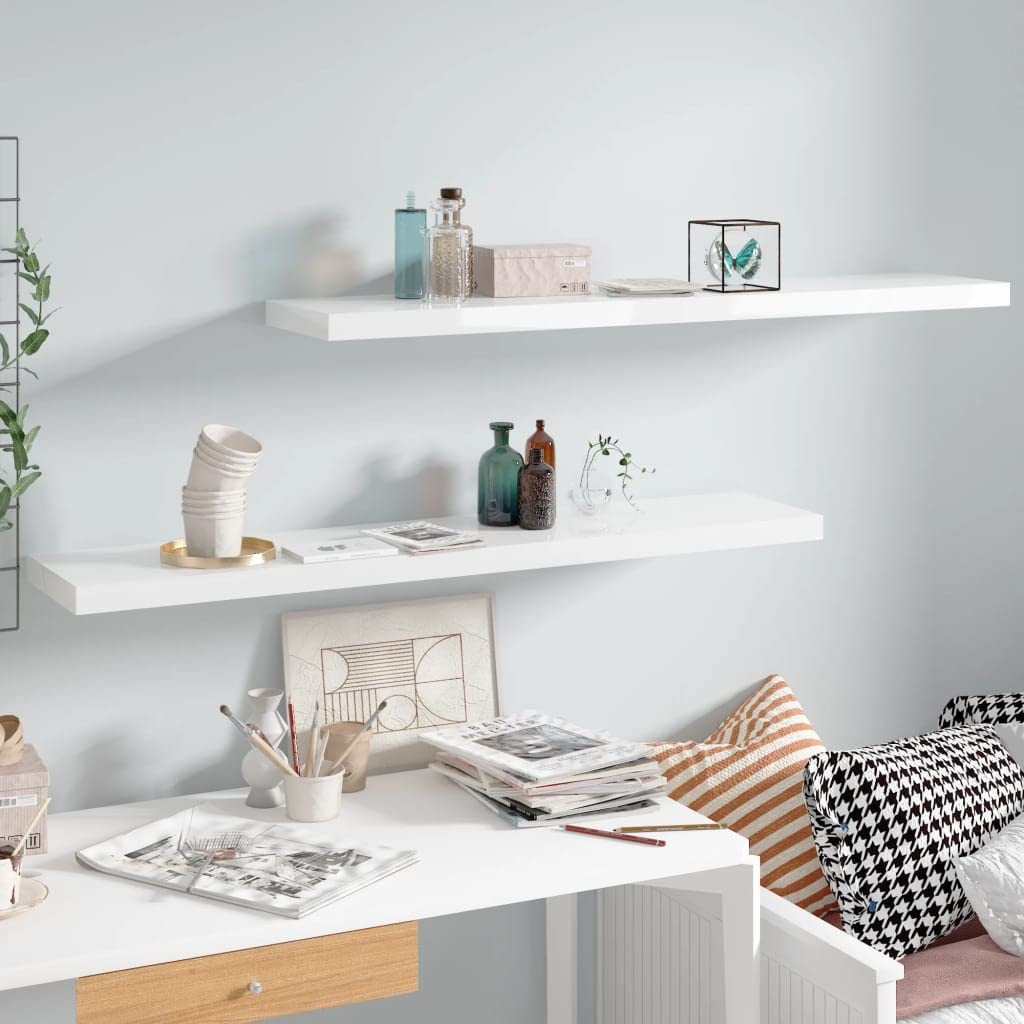 Floating Wall Shelves Set of 2 - Modern Wall Mounted Display Ledges for Living Room, Bedroom, Office - High Gloss White MDF Shelves (47.2