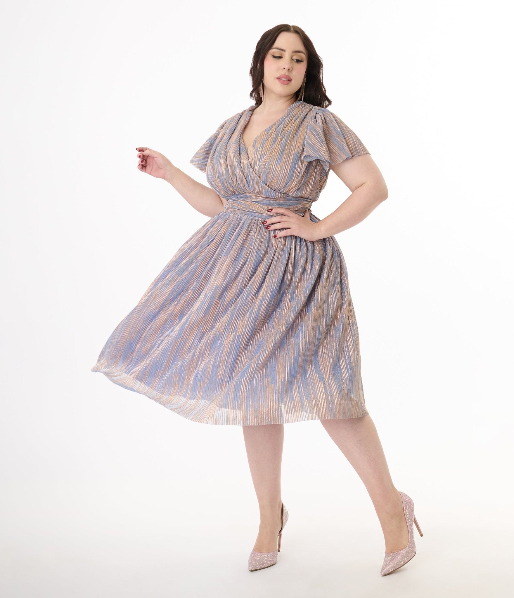 Magnolia Place Plus Size Periwinkle & Gold Flutter Sleeve Midori Swing Dress - Elegant Women's Casual Summer Dress for Parties, Weddings & Special Occasions