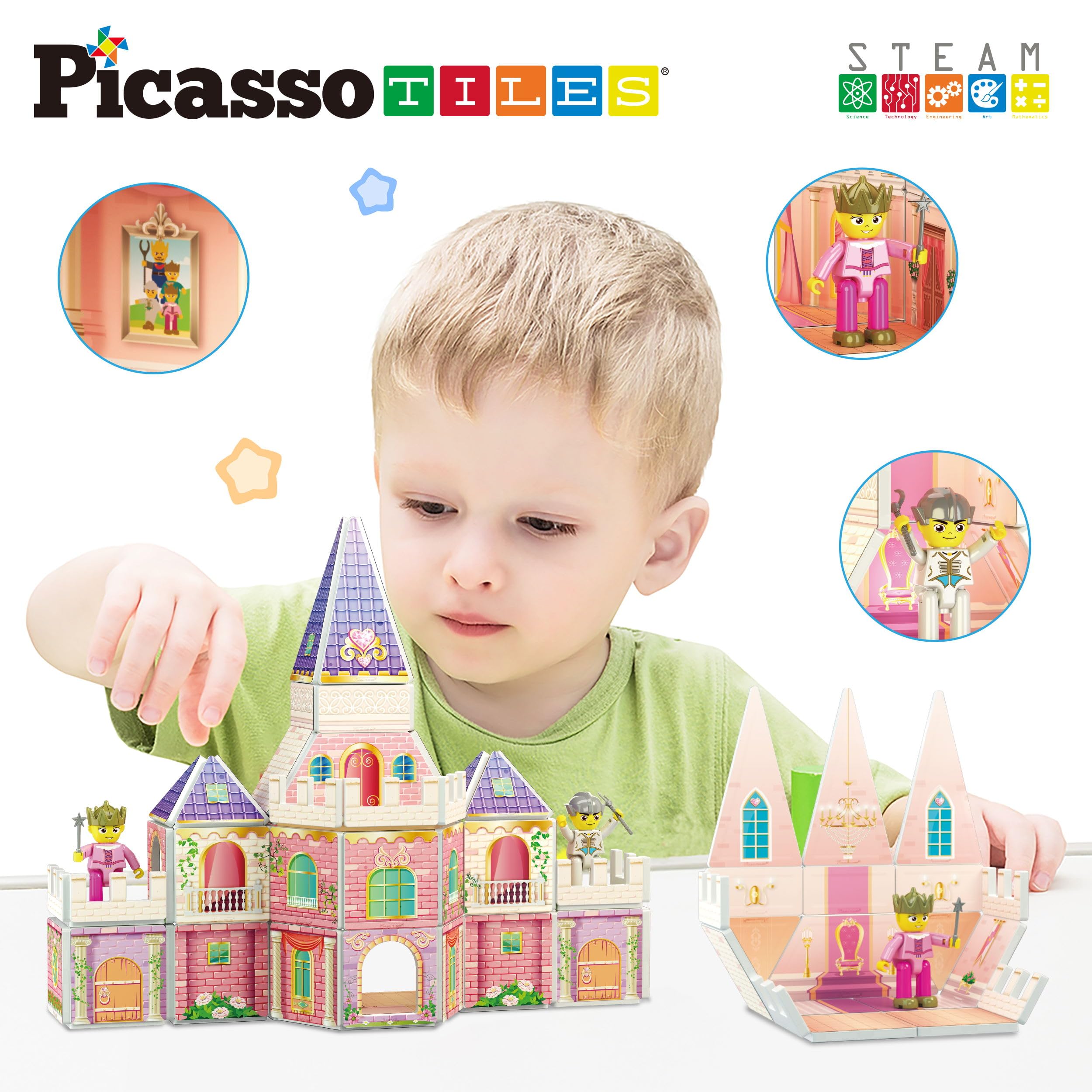 PicassoTiles Magnetic Building Blocks - Princess Castle Theme with 2 Action Figures, Double-Sided STEM Learning Toy for Kids Ages 3+ | Creative Construction, Fantasy Play & Educational Development (PTQ04) - Perfect for Birthday Gifts, Classroom Activities & Imaginative Playtime