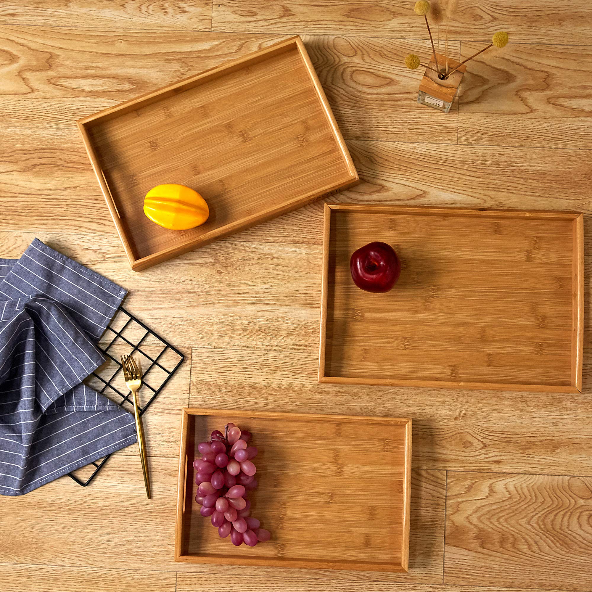 Vaiyer Set of 3 Bamboo Breakfast Serving Trays with Handles - Stackable Nesting Serving Platters for Food, Breakfast, Dinner, Coffee Table - Perfect for Home, Parties, Restaurants & Ottoman Serving