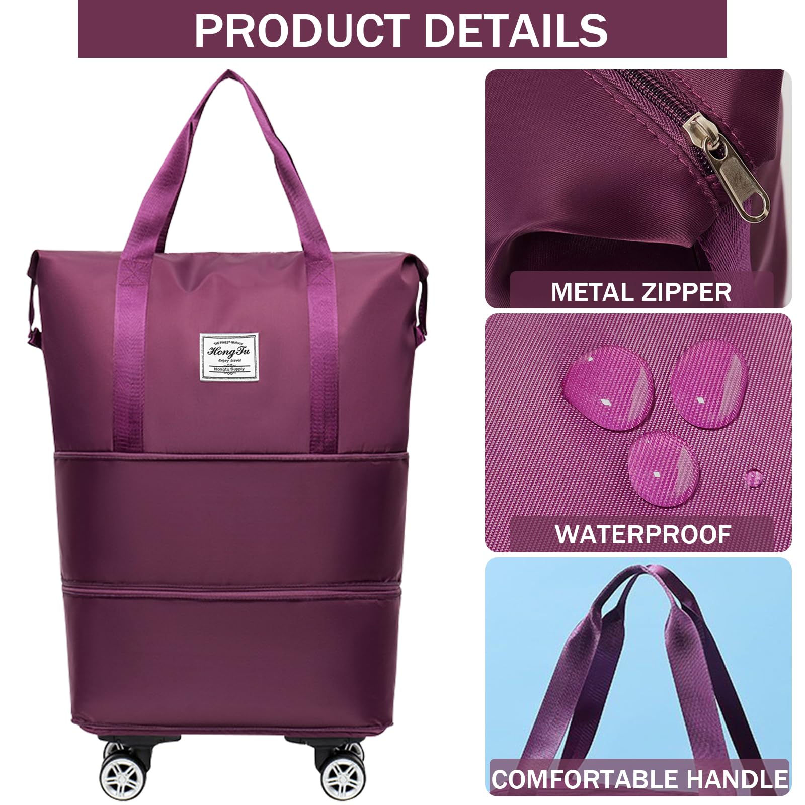 Expandable Rolling Duffle Bag with Detachable Wheels - Foldable Travel Luggage Carry-On for Weekend Trips & Gym (Fuchsia) - Perfect for Air Travel, Business Trips & Sports Equipment Storage