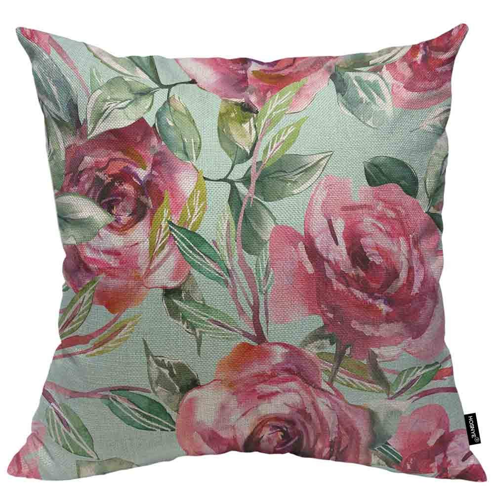 HOSNYE 24x24 Inch Camellia Throw Pillow Cover - Green Leaves & Red Petals Decorative Square Cushion Case for Sofa, Couch, Bed - Perfect for Living Room, Bedroom, and Home Decor