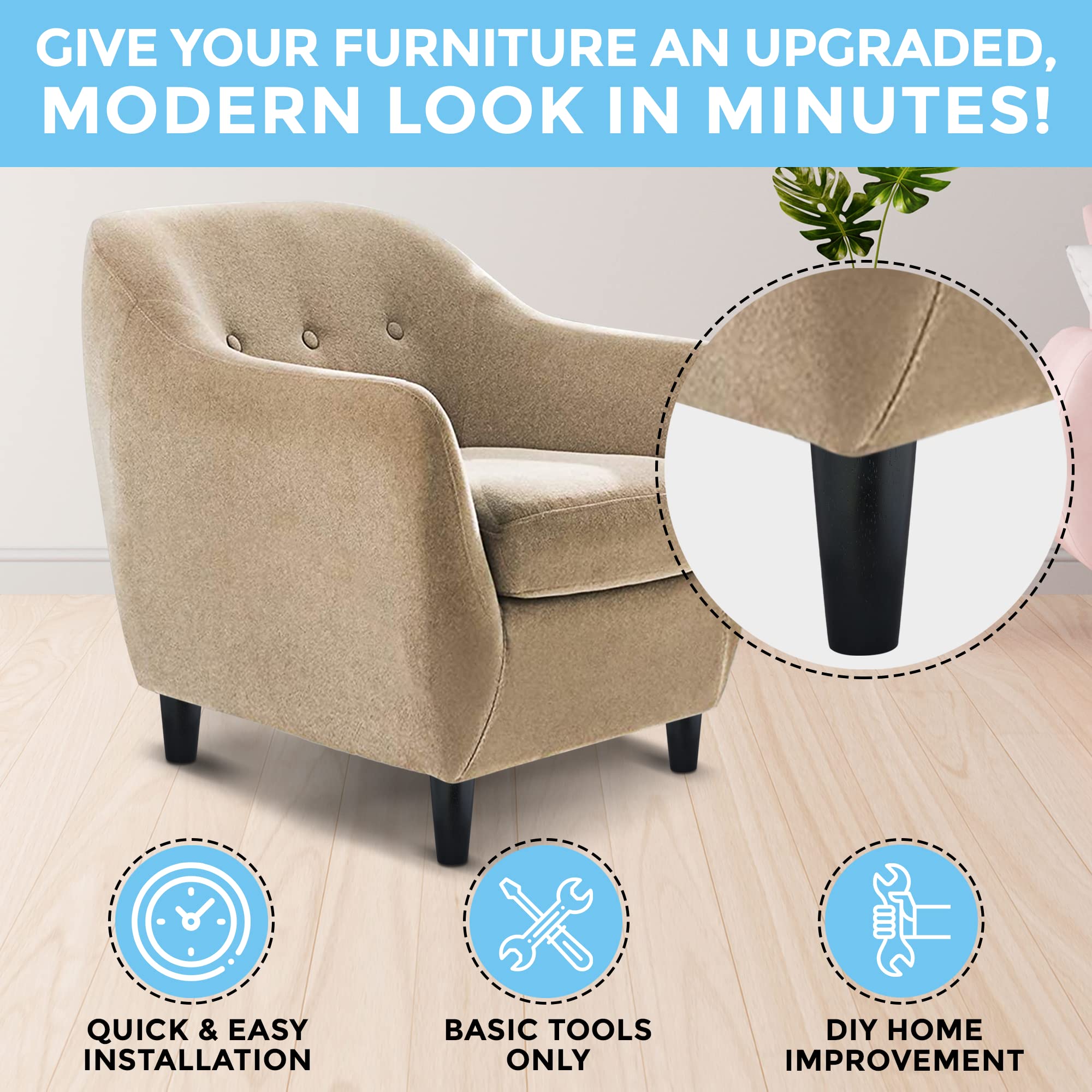 4-Pack 5 Inch Round Espresso Tapered Wood Furniture Legs - Replacement Feet for Sofa, Couch, Chair, Ottoman, Stool, Coffee Table & Bed - Perfect for DIY Furniture Projects & Home Decor Upgrades