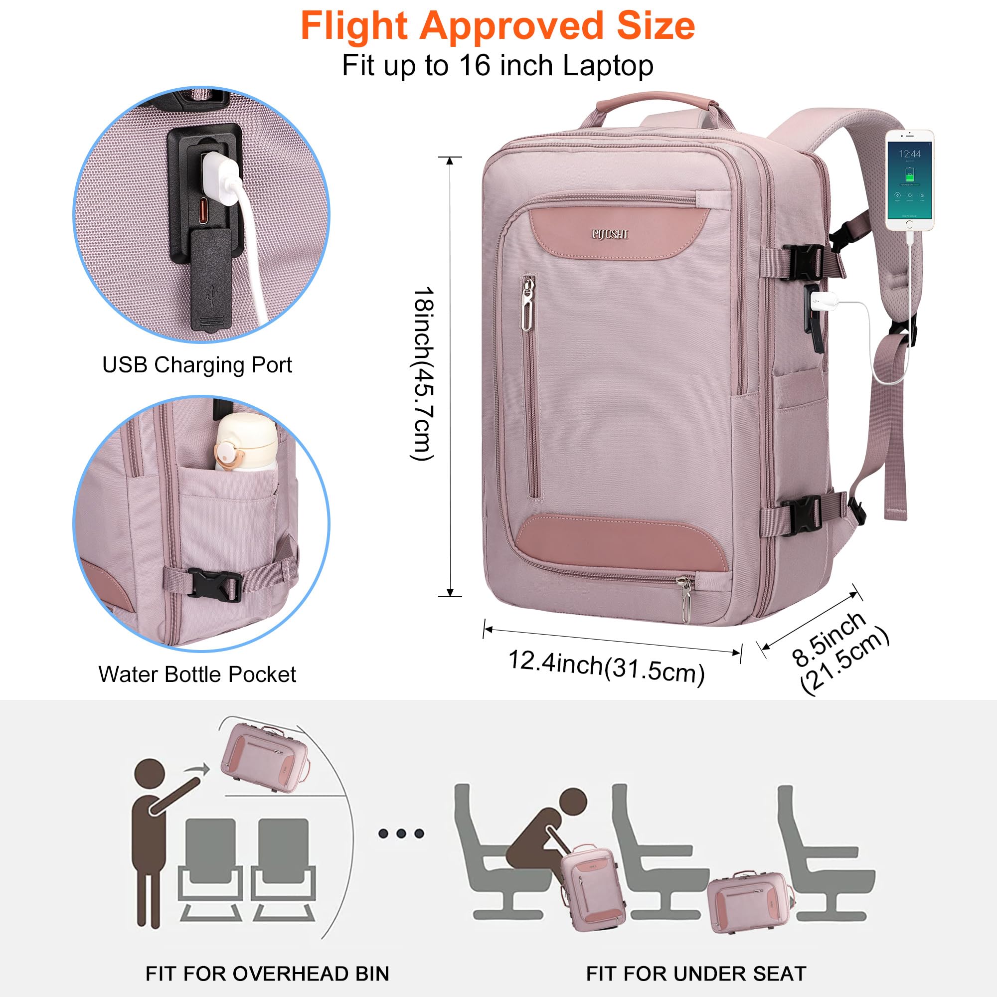 PIJUSHI Women's Light Purple Travel Backpack - 16 Inch Flight Approved Carry-On Laptop Backpack with Shoe Compartment & USB Charging Port (PE038) - Perfect for Business Trips, College Commute & Weekend Getaways