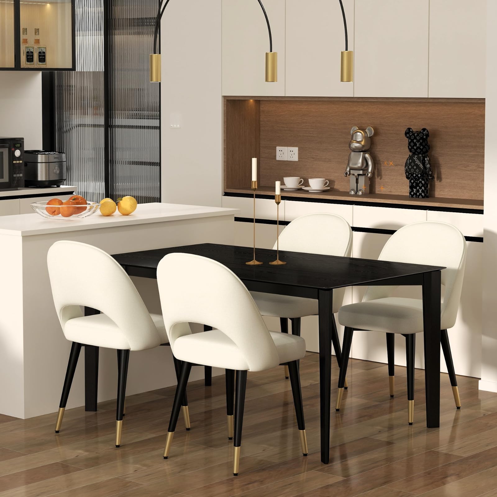 LukeAlon Classic Velvet Dining Chairs Set of 4 - Mid Century Modern Upholstered Armless Side Chairs with Open Back & Metal Legs for Kitchen, Dining Room - Beige Velvet Seating for Home Decor & Entertaining