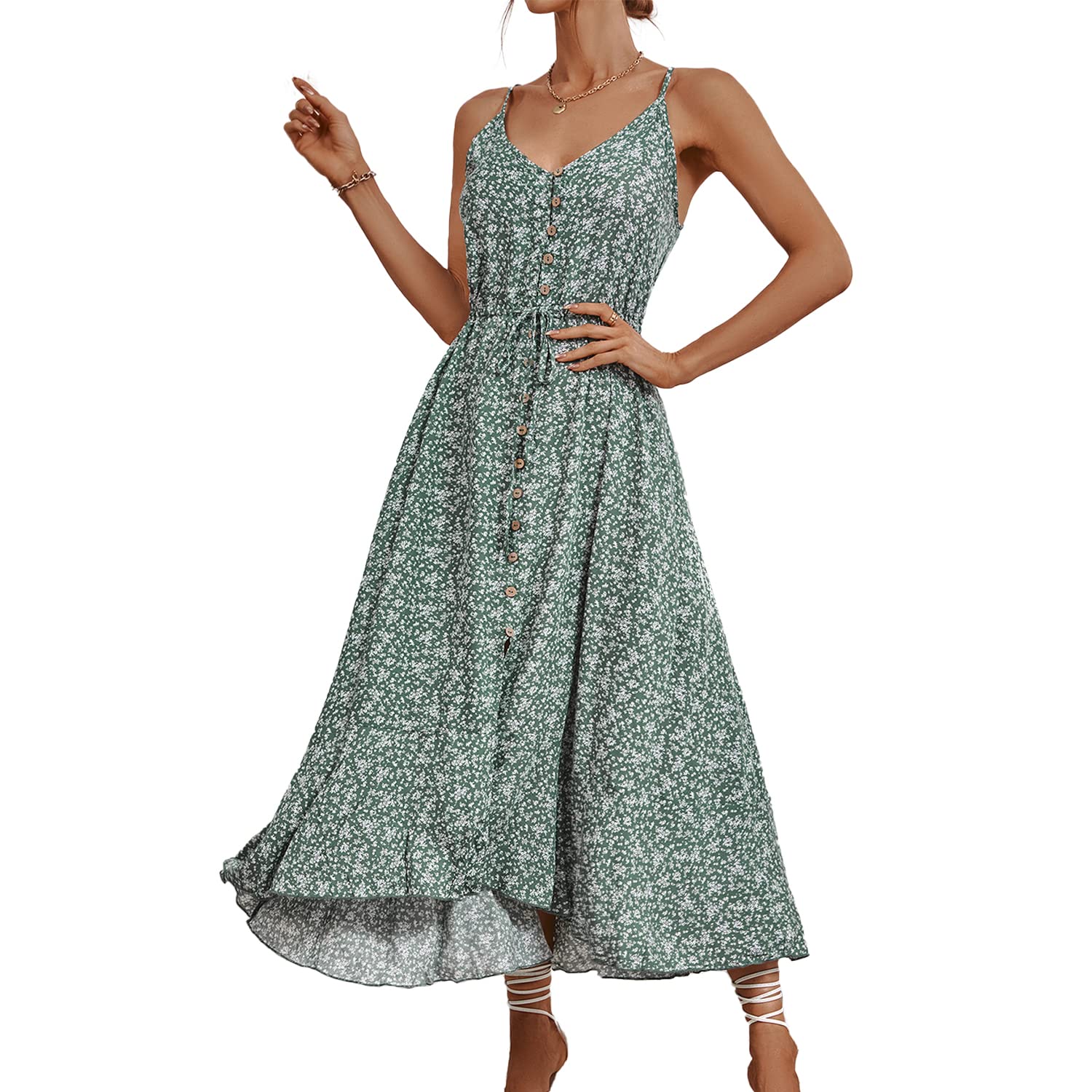 BROVAVE Women's 2025 Summer Casual Boho Sundress - Polka Dot Spaghetti Strap V-Neck Flowy Midi Dress for Beach Vacation, Garden Party & Date Night
