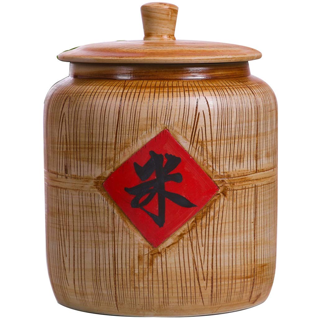 Ceramic Rice Bucket with Handle - 5KG Large Capacity Airtight Food Storage Container for Kitchen, Cereal, Dry Food - Retro Classic Brown Design - Perfect for Pantry Organization & Bulk Food Storage