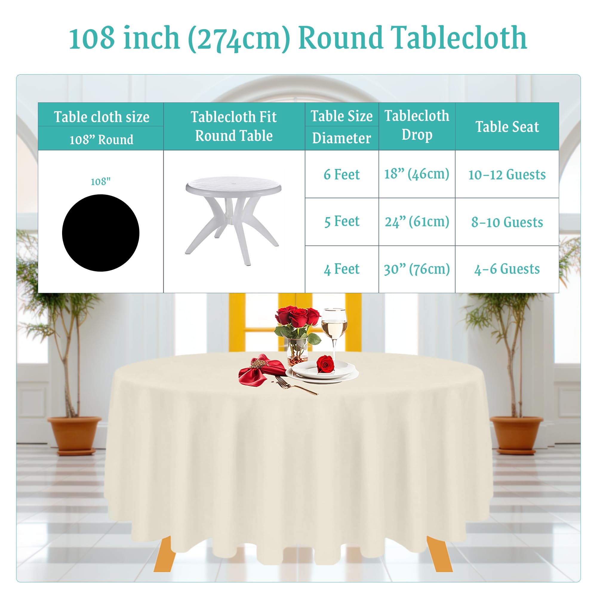 Premium 108-Inch Round Tablecloth - Ivory Cotton Polyester Blend for Dining, Christmas Party & Special Events - Washable & Wrinkle-Resistant - Pack of 10 - Perfect for Weddings, Banquets & Holiday Decorations
